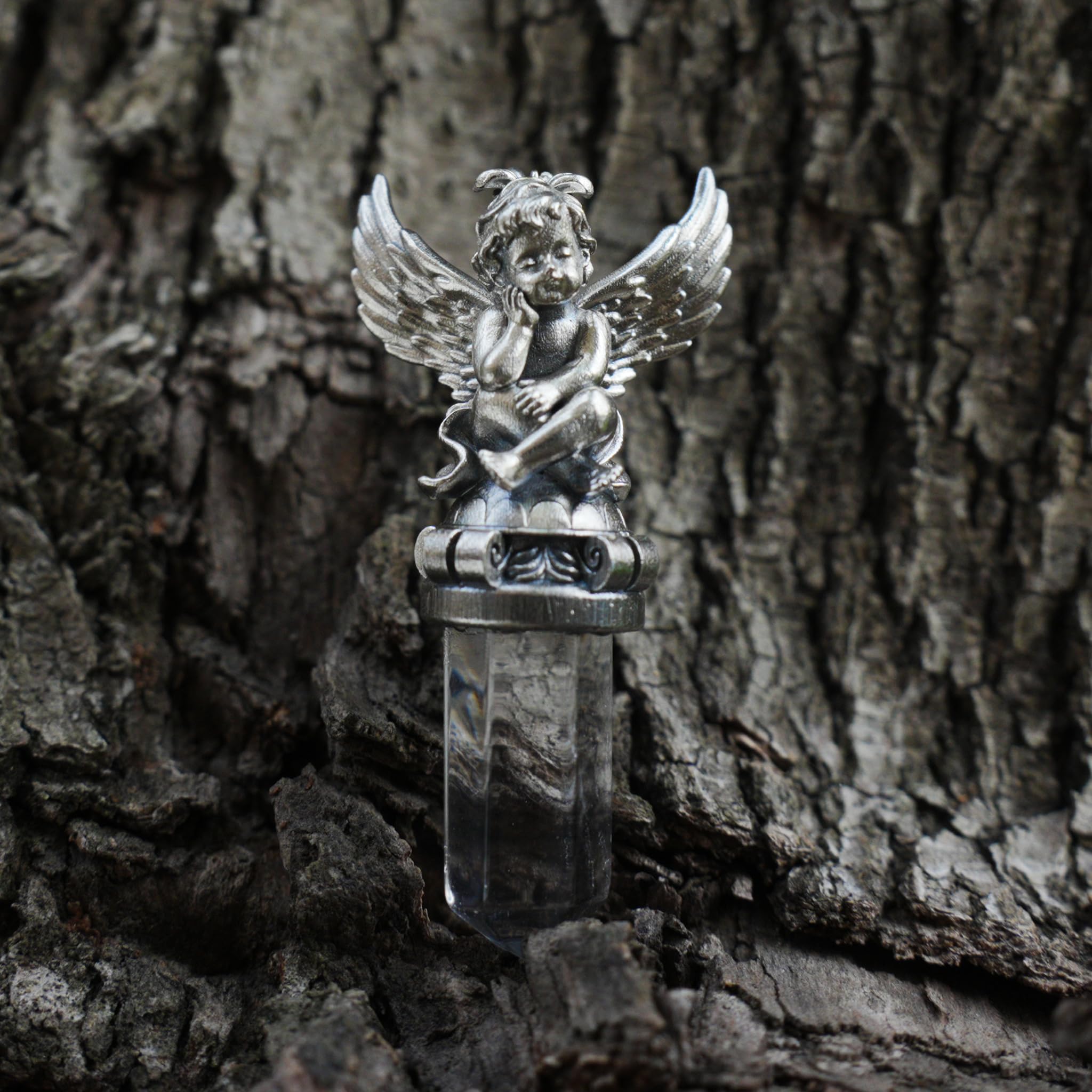 Generisch 925 Sterling Silber Engel Anhänger mit Bergkristall 4,5 x 2 cm 16 g Unisex Schutzengel Talisman transparenter Edelstein Schmuck Geschenk für Damen und Herren