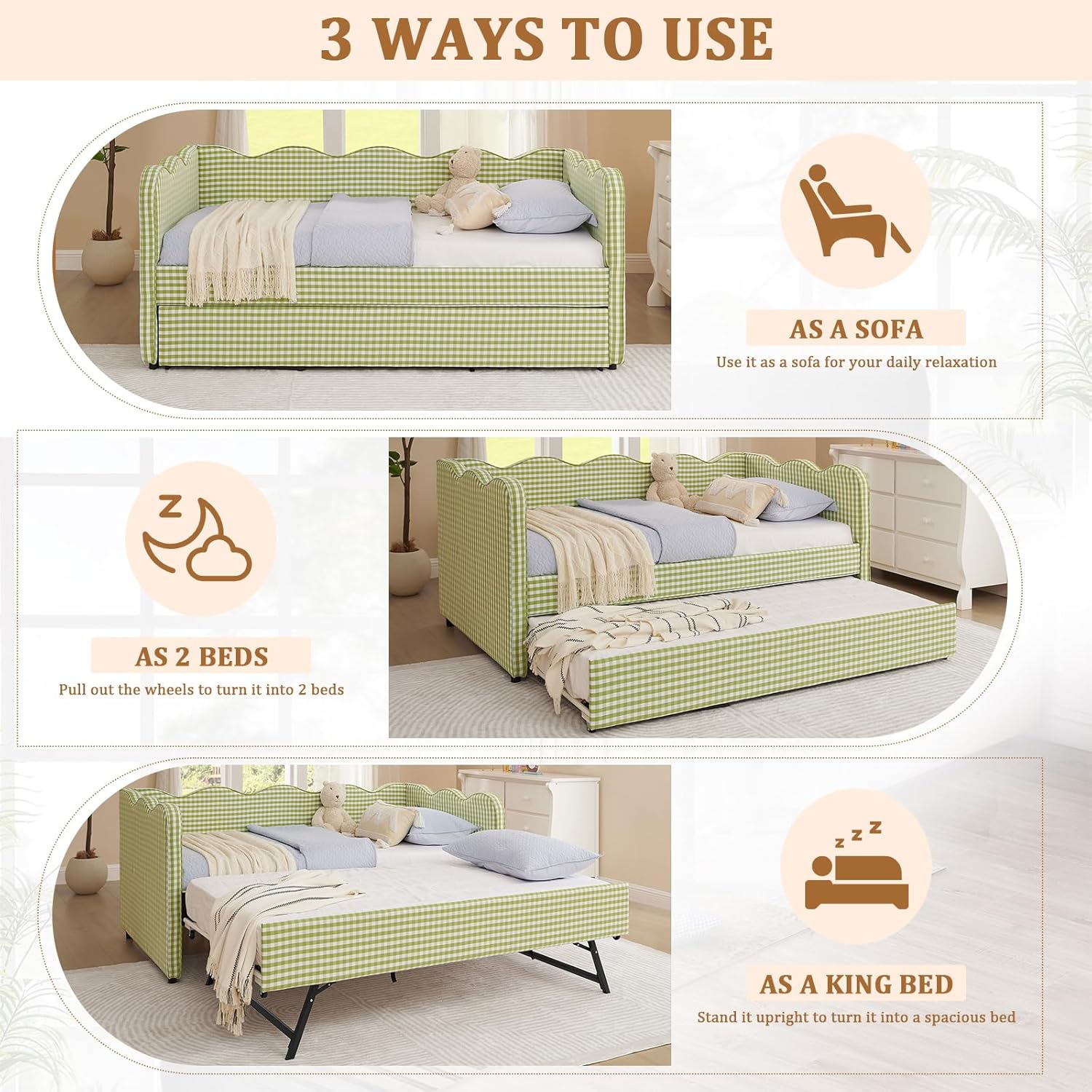 Twin Size Gingham Daybed with Trundle, Upholstered Linen Day Bed Frame with USB Ports & Wave-Shaped Backrest, Modern Sofa Bed for Living Room, Bedroom, Guest Room, No Box Spring Needed(Green)