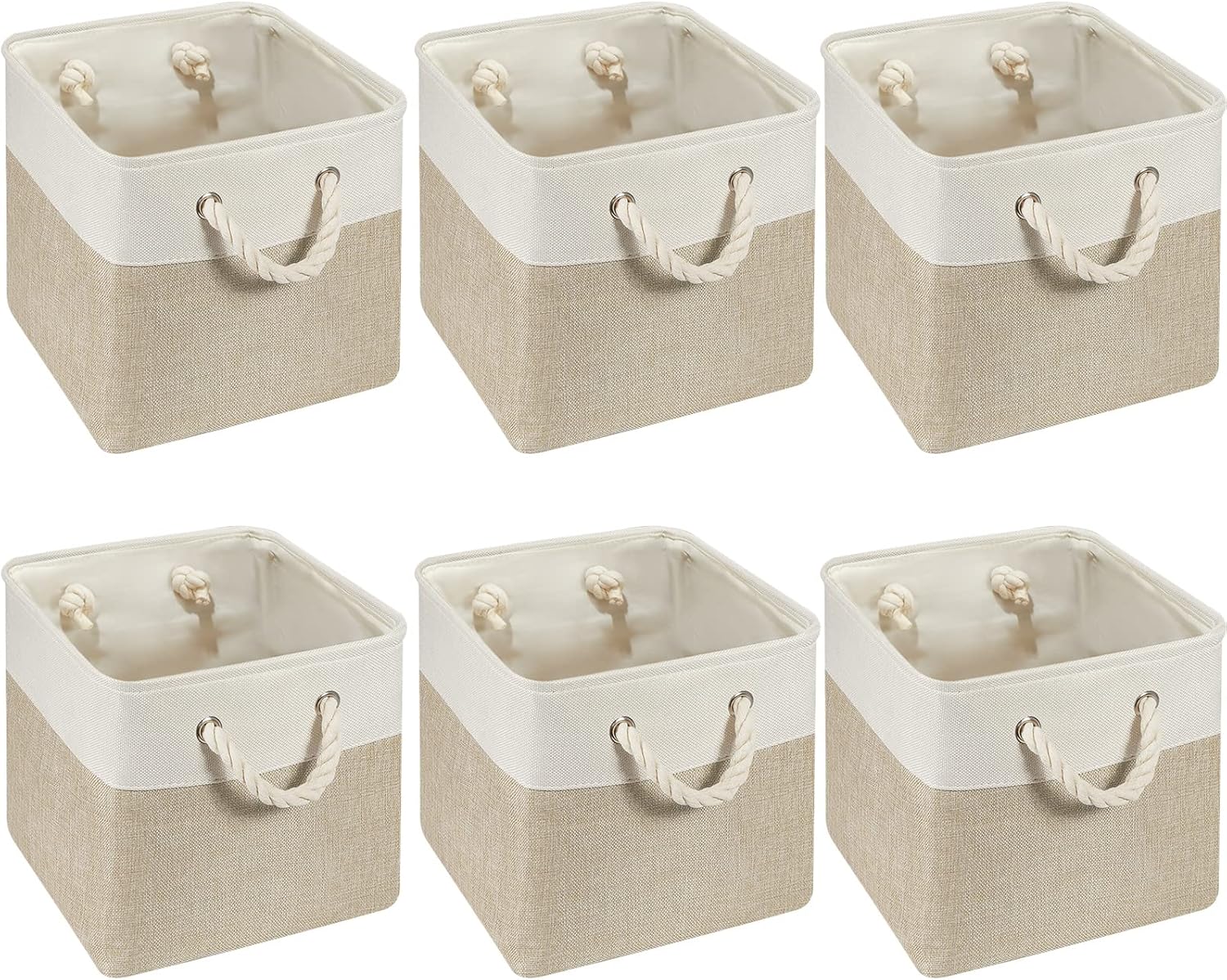 Geiserailie 6 Pcs 11 x 11 Inch Cube Storage Bins Fabric Storage Organizer Bins Foldable Cube Baskets with Sturdy Carry Handles Wicker Baskets for Home (White,Light Brown)
