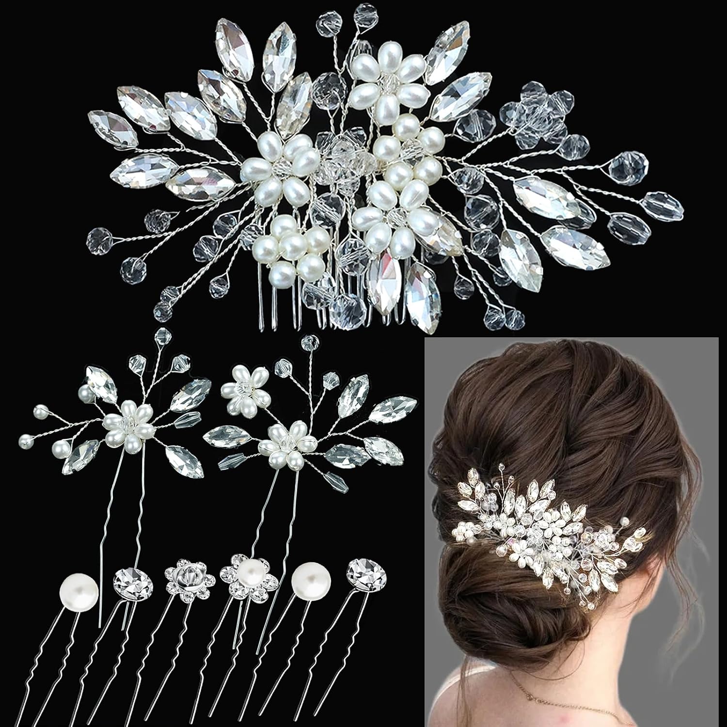6 pcs Wedding Hair Accessories Bridal Hair Pins Silver Rhinestone with Pearls Hair Pieces for Brides Women Girls