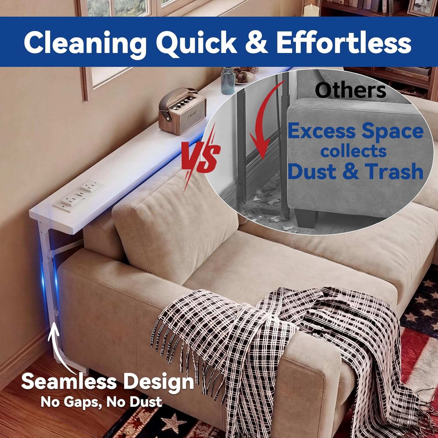 78.8inch Adjustable Height Narrow Sofa Side Table with 2 Power Outlets, Couch Behind Table for Small Space, Hallway, Entryway, Bedside, Bedroom, Stable, Easy to Assemble & Clean(Classic White)