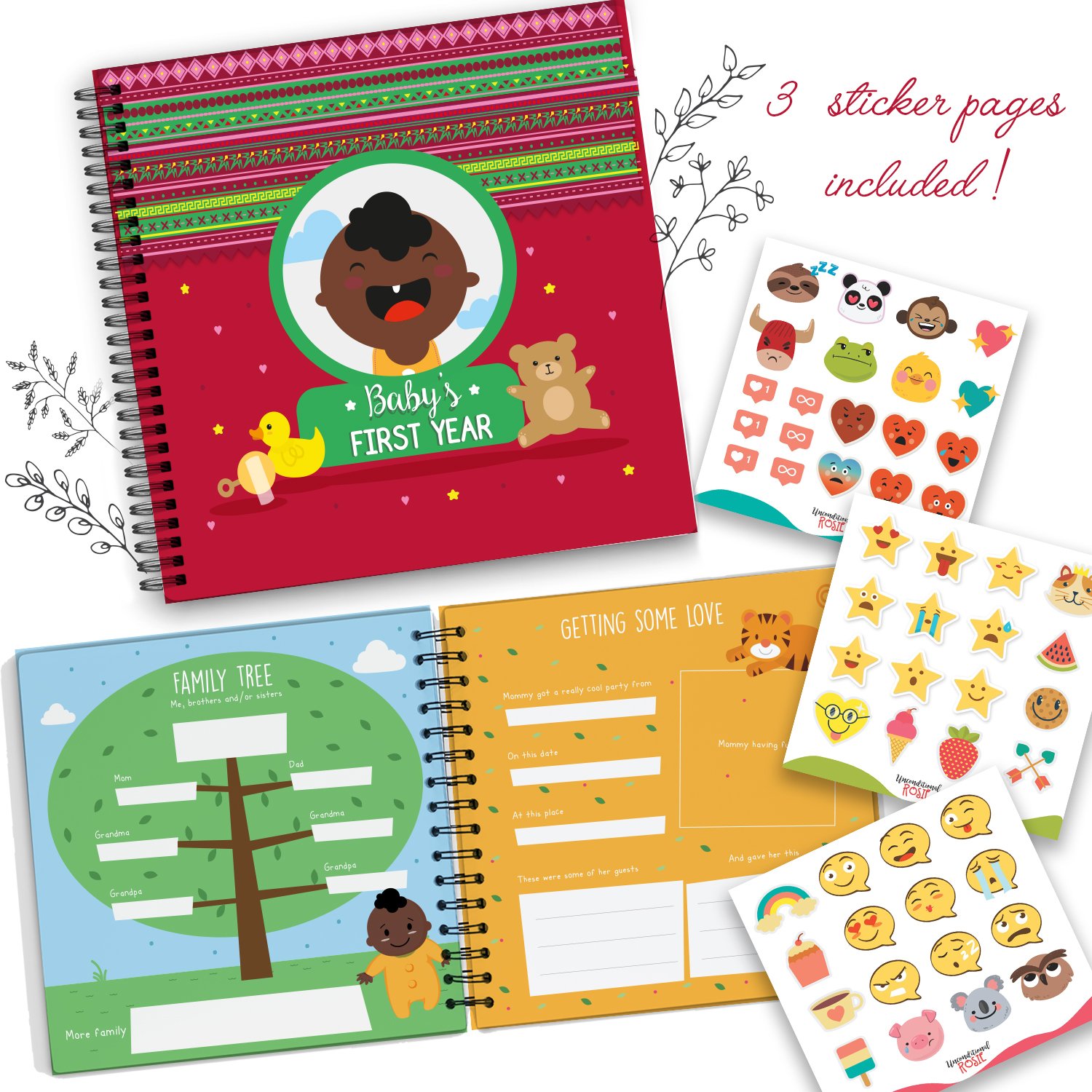 Baby's First Year Memory Book With Stickers - Hardcover Newborn Babies 1st Year Journal And Baby Milestones Photo Album - Perfect and Unique Gift Idea for Baby Showers or Birthday Presents : Baby