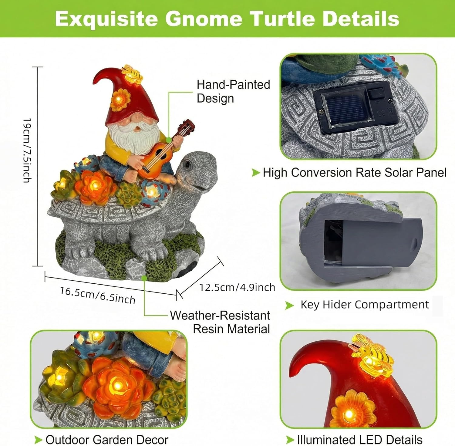 Gnome Hide a Key Outside Gnome with Guitar Turtle Garden Decor Outdoor Key Hider Funny Yard Patio Lawn Decorations Solar Figurine Light Ornaments Housewarming for Women Mom Grandma