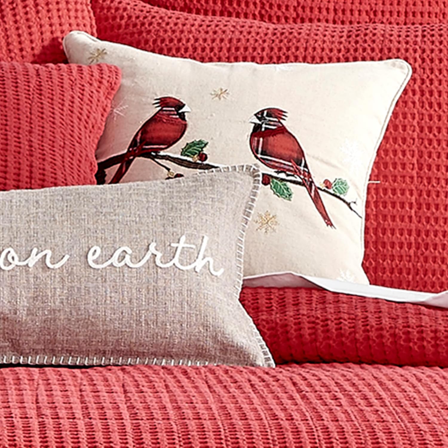 Levtex Home - Mills Waffle - Decorative Pillow (18 x 18in.) - Birds - Taupe, Red, Brown and White