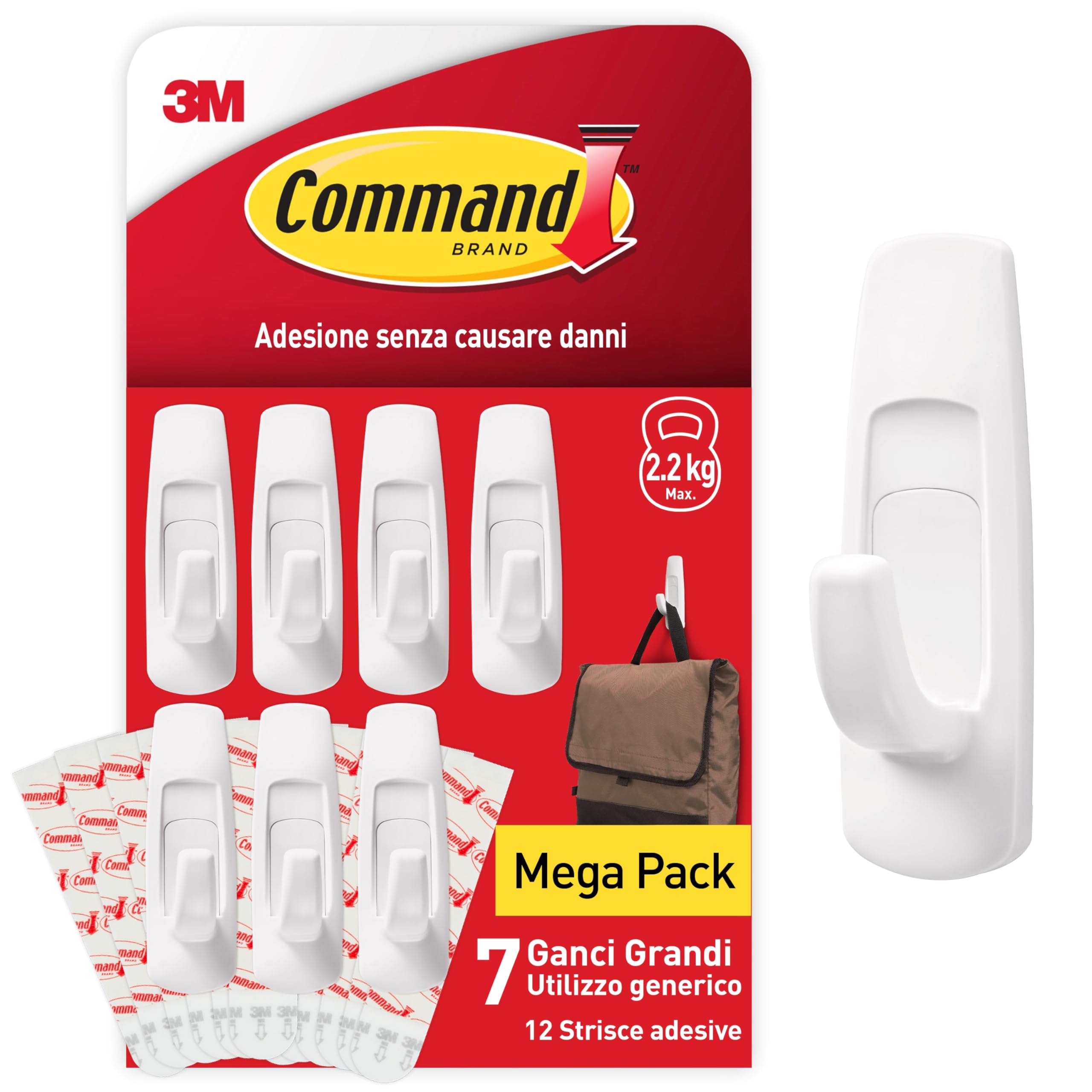 Command Gancio adesivo in plastica multiuso GP003-7NA Bianco Grande 7 ganci 12 strisce