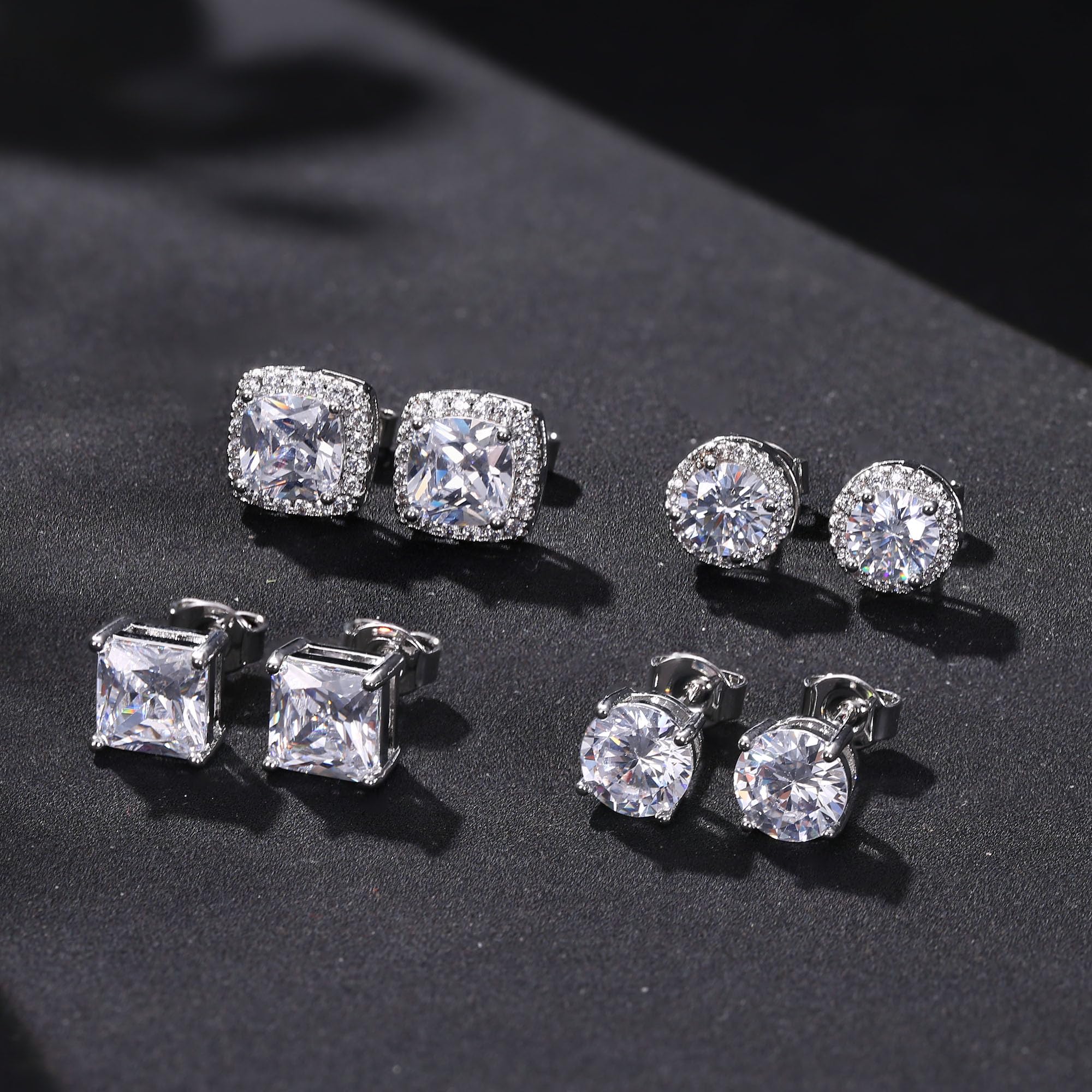 Set 4 Paia Orecchini Argento 925 Placcati Oro 14k, Ipoallergenici, Grandi Orecchini Rotondi e Quadrati Zirconi 6-10mm per Donne e Uomini, Unisex