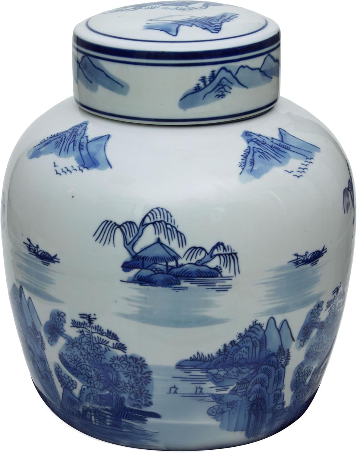 Red Lantern 10" Ladies Blue & White Porcelain Ginger Jar