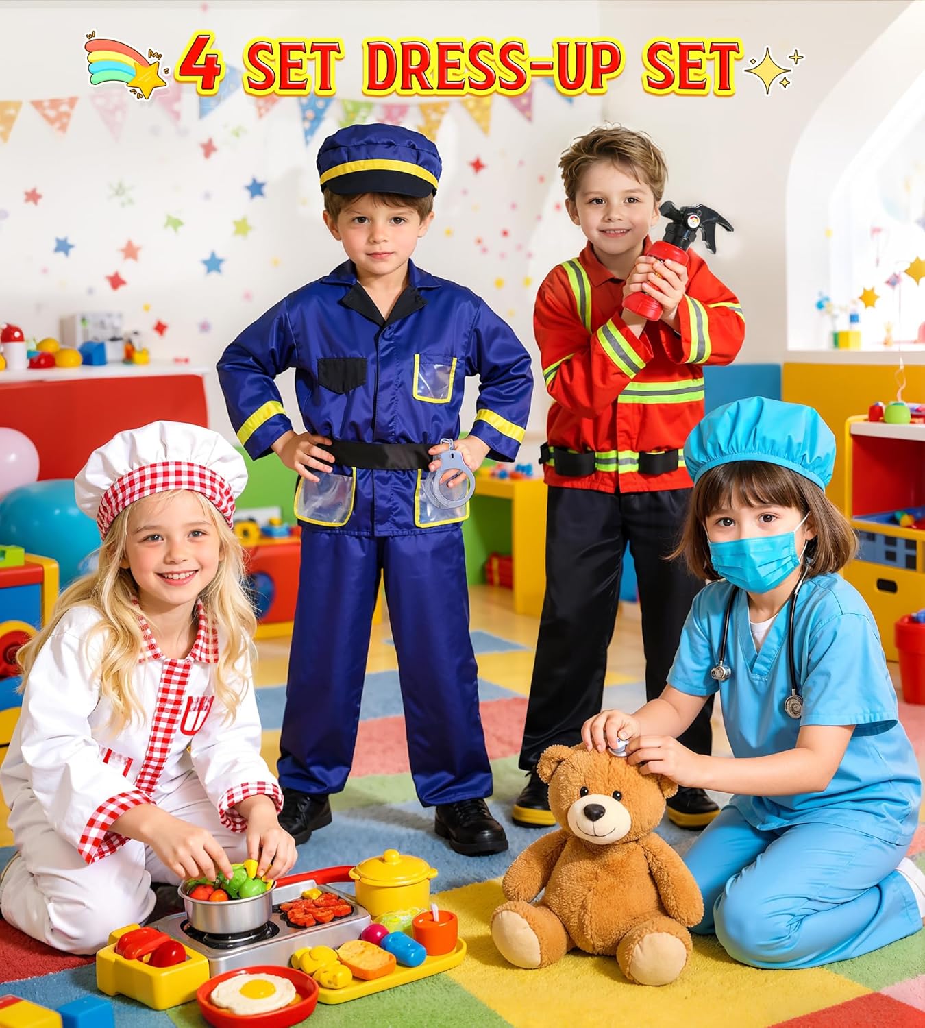 DISHIO Dress Up Clothes for Kids Pretend Role Play Costumes Trunk Toddlers Dress Up Costumes with Fireman Police Doctor Chef Kids Costume Dress Up for Boys Girls Birthday Party Age 3 to 6 - Image 6