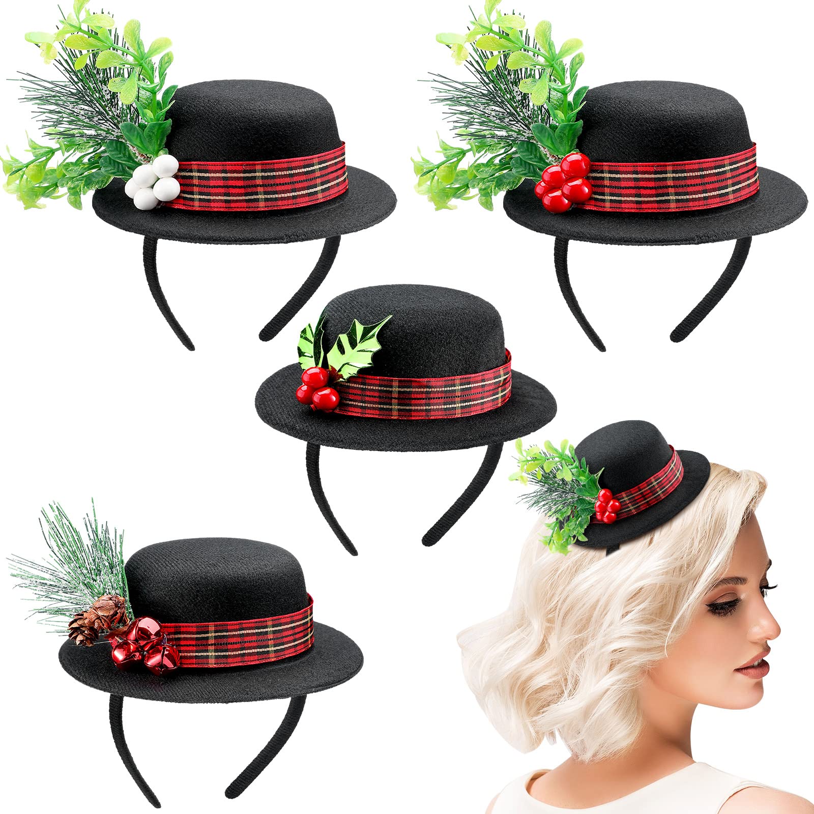 Sinmoe Lot de 4 bandeaux de Noël en forme de bonhomme de neige - Mini chapeau haut de forme de chapeau haut de forme de Noël - Bandeau à carreaux - Bandeau de gui - Baies de houx - Pour Noël -