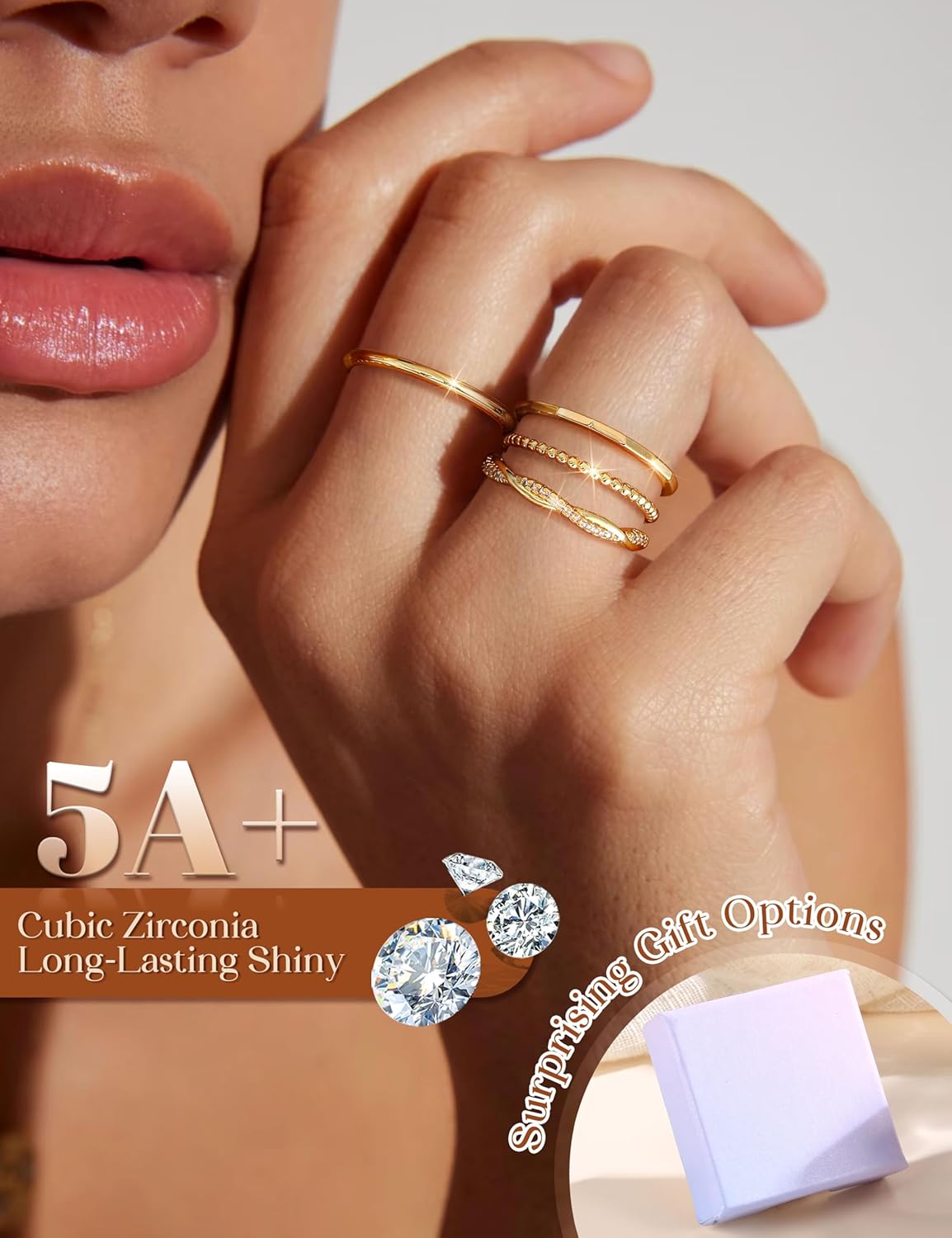 CASSIECA 14K Gold Plated Stackable Rings for Women Non Tarnish Cubic Zirconia Band Rings Set Dainty Trendy Statement Engagement Promise Stacking Ring Size 5-10 - Image 3