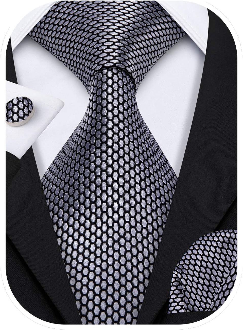 Barry.Wang Designer Classic Ties for Men Set Formal Pocket Square Cufflink Check Plaid - Image 7