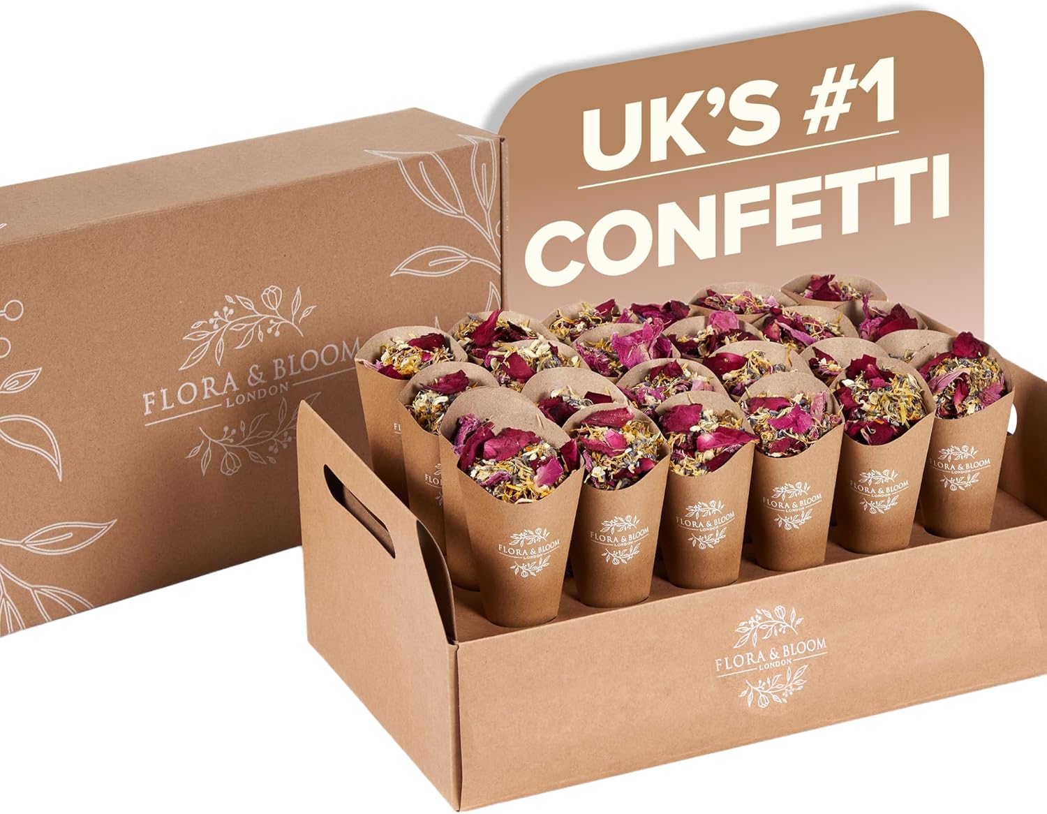 Flora & Bloom Biodegradable Confetti With Pre Built Cones | Dried Flowers (3Litres) | Wedding Confetti Kit | Pop Open Cones & Tray |Jasmine, Lavender & Rose Petals | Wedding Decorations (24 Guests)