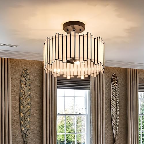 Miniatura 9 de Lámpara de techo negra en forma de tambor, lámpara Tiffany moderna de montaje semiempotrado de 12.5 pulgadas con vidrio blanco, luz colgante redonda