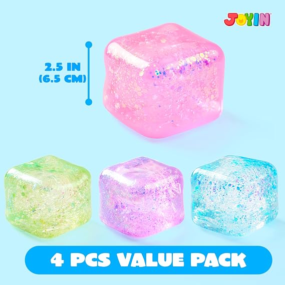 JOYIN 4 Pack Glittering Stress Cube, 2''/ 5cm High Density Cube Toy, Slow Rising Sensory Squishy Toys for Adults, Party Favors, Classroom Prizes (Blue/Purple/Pink/Green)