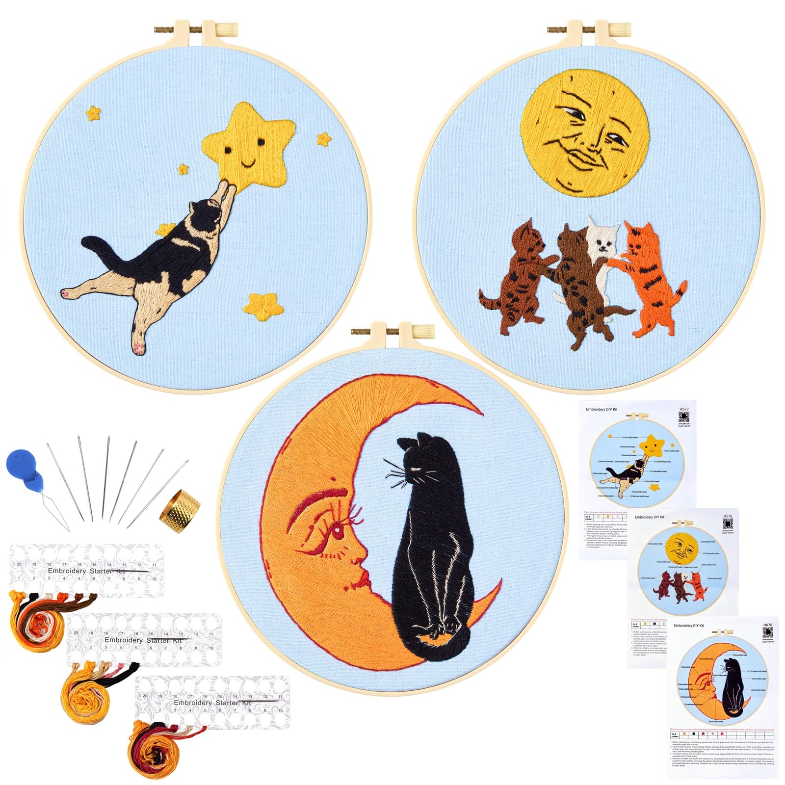 Crafmanoe Cat Embroidery Kit for Beginners Adults, Vintage Stamped Cross Stitch Kits for Beginners Adults, Retro Sun Hand Embroidery Needlepoint Starter Kits, 3 Set Embroidery Hoops and Video Tutorial