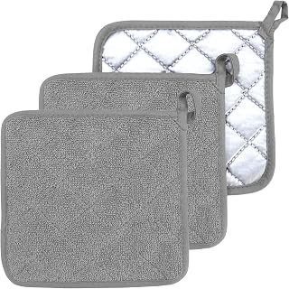 Oven Pot Holder Cotton Heat Resistant Terry Potholder Kitchen Hot Pad Oven Mitts for Cooking Square 7"x7"Set of 3 (Gray, 3)