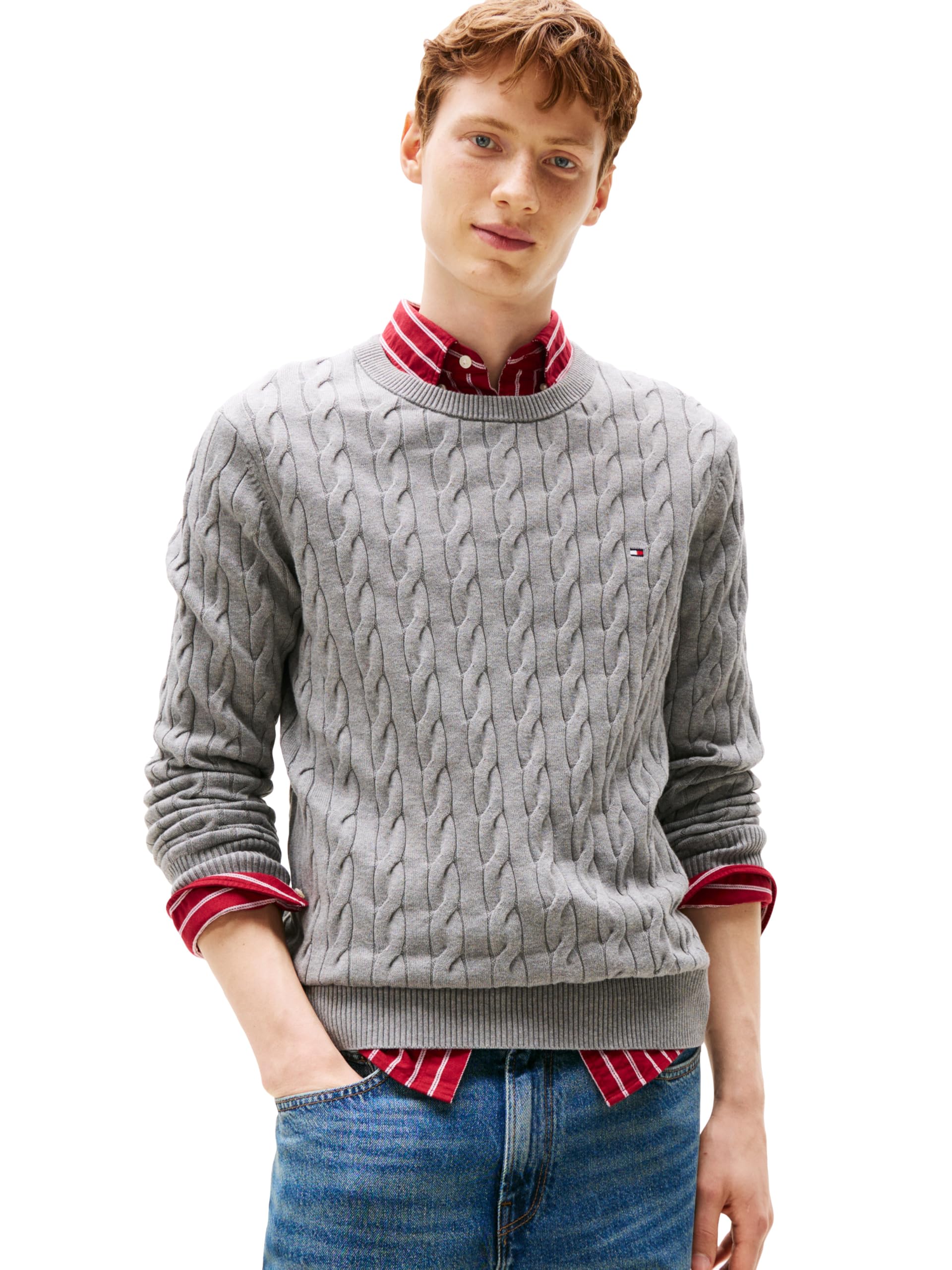 Tommy Hilfiger Men's Medium Grey Heather Cable Knit Crewneck Sweater Lightweight Pullover, Xxl
