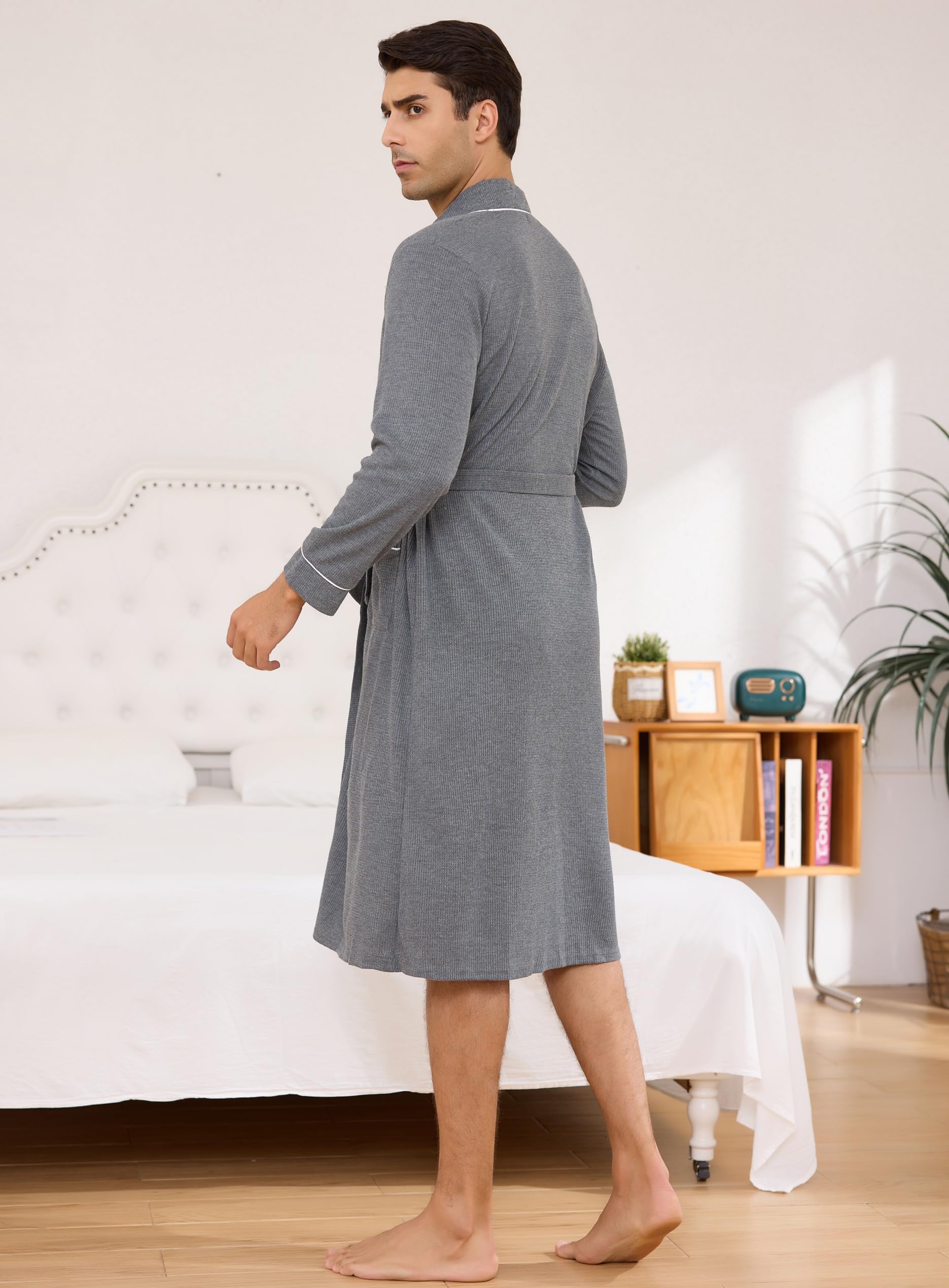 Lovasy Peignoir de Bain Homme Gaufré Kimono Légère Peignoir à Manches Longues Robe de Chambre Coton Doux et Confortable Longueur du Genou Loungewear Col V avec Ceinture