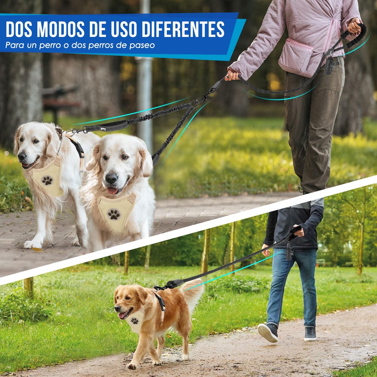SlowTon Doble Correa para Perros sin enredos - Cable Reflectante Giratorio de Alta Resistencia Giratorio de 360 °, Entrenamiento para Caminar Amortiguador para 2 Perros medianos pequeños