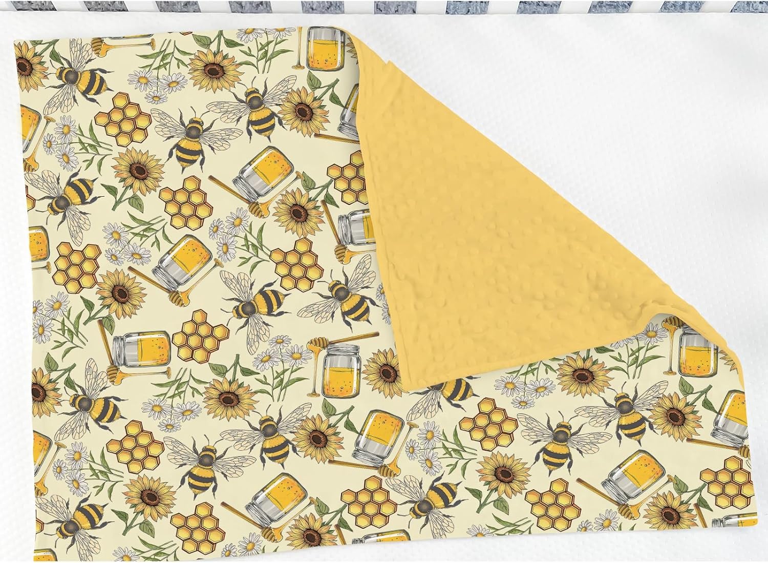 Vintage Honey Bees Sunflowers Baby Blankets for Girl Boy Retro Bees Honeycomb Daisy Soft Mink Dotted Backing Double Layer Swaddle Blanket Spring Summer Bed Throws for Newborn Toddler Nursery 30x40