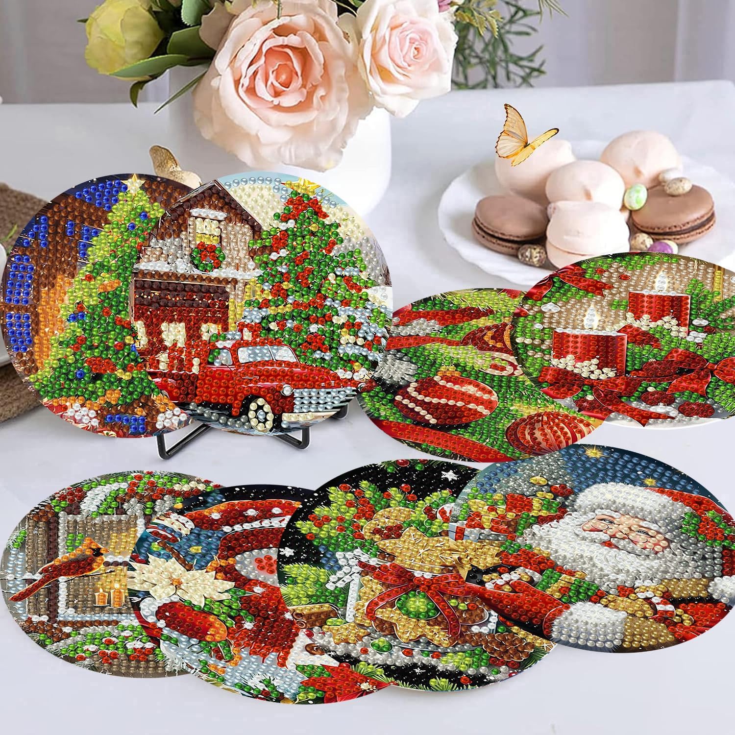 8 Pack Christmas Diamond Art Coasters Kit with Holder, DIY Diamond Painting Coasters, Cork Wooden Double Layer Board, Durable Craft Set for Beginners and Adults, 4x4 Inch