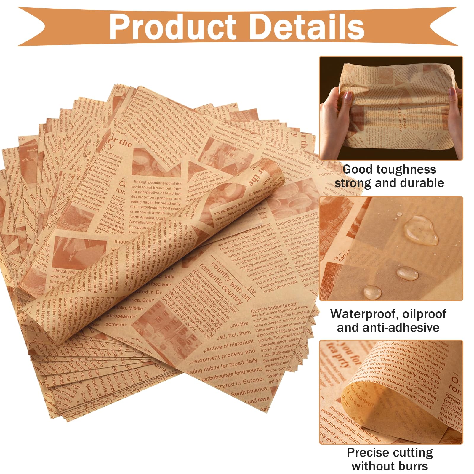 200 Blatt Deli Papierblätter, Backpapier Zeitungsoptik, Einweg Wrap Papier, Fettdichtes Papier für Lebensmittelkörbe, Brotpapier für Pommes Sandwich Burger Butterbrot Käse (15 x 15 cm)