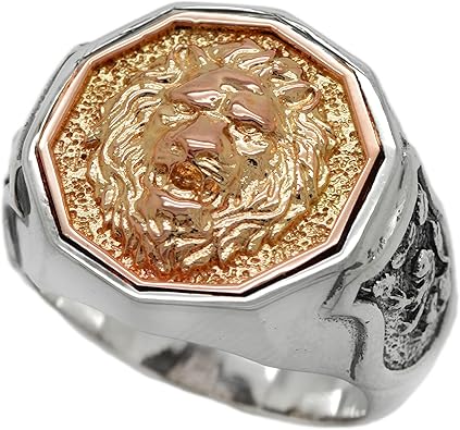 Gold Lion Top Mens Signet Ring Sterling Silver with Shields on the Sides