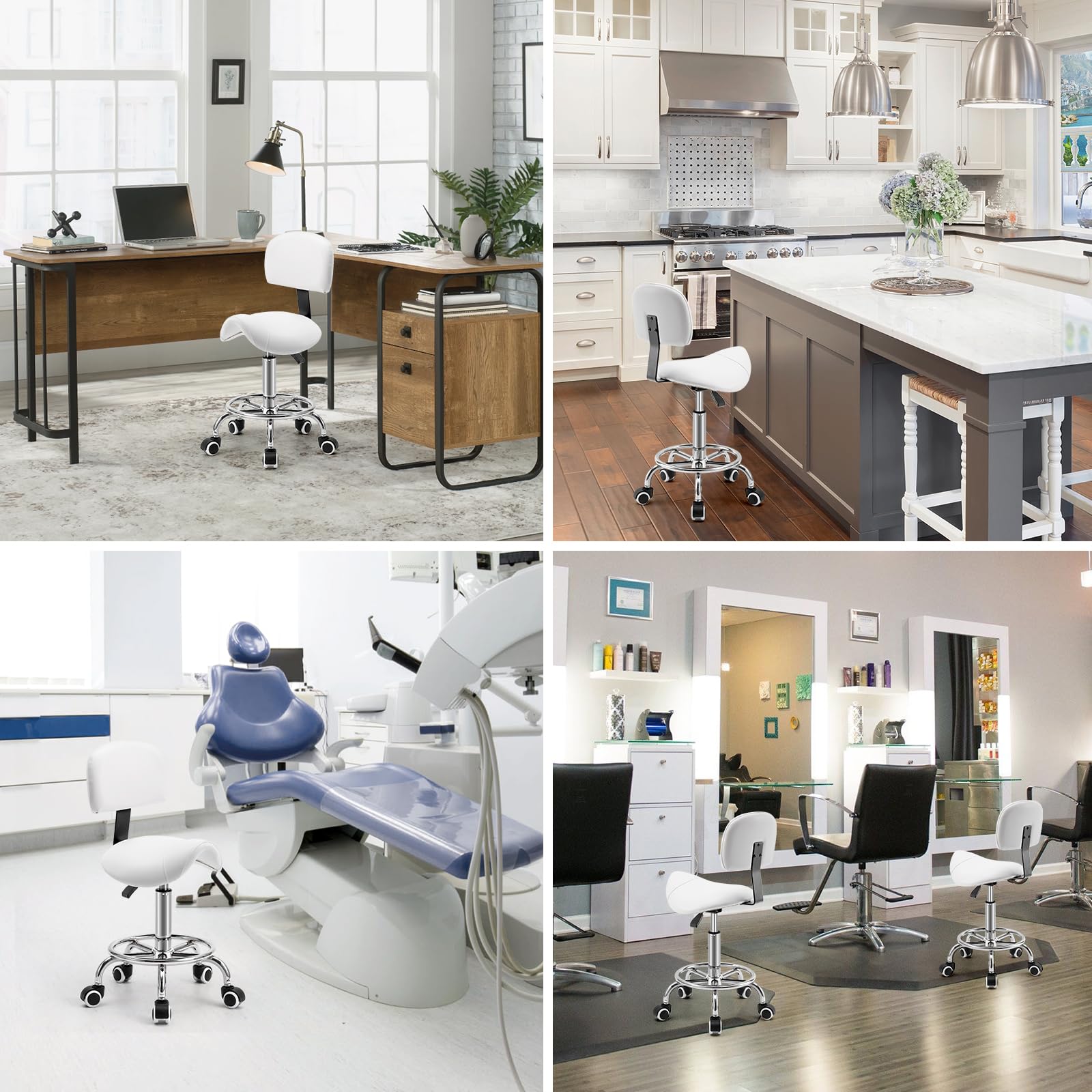 Sattelhocker mit Lehne – 360° drehbarer Hocker mit Rollen und verstellbarer Fußstütze | Sattelhocker mit Rollen höhenverstellbar 49-61 cm | Ideal für Büro, Salon und Kosmetik als Rollhocker (Weiß)