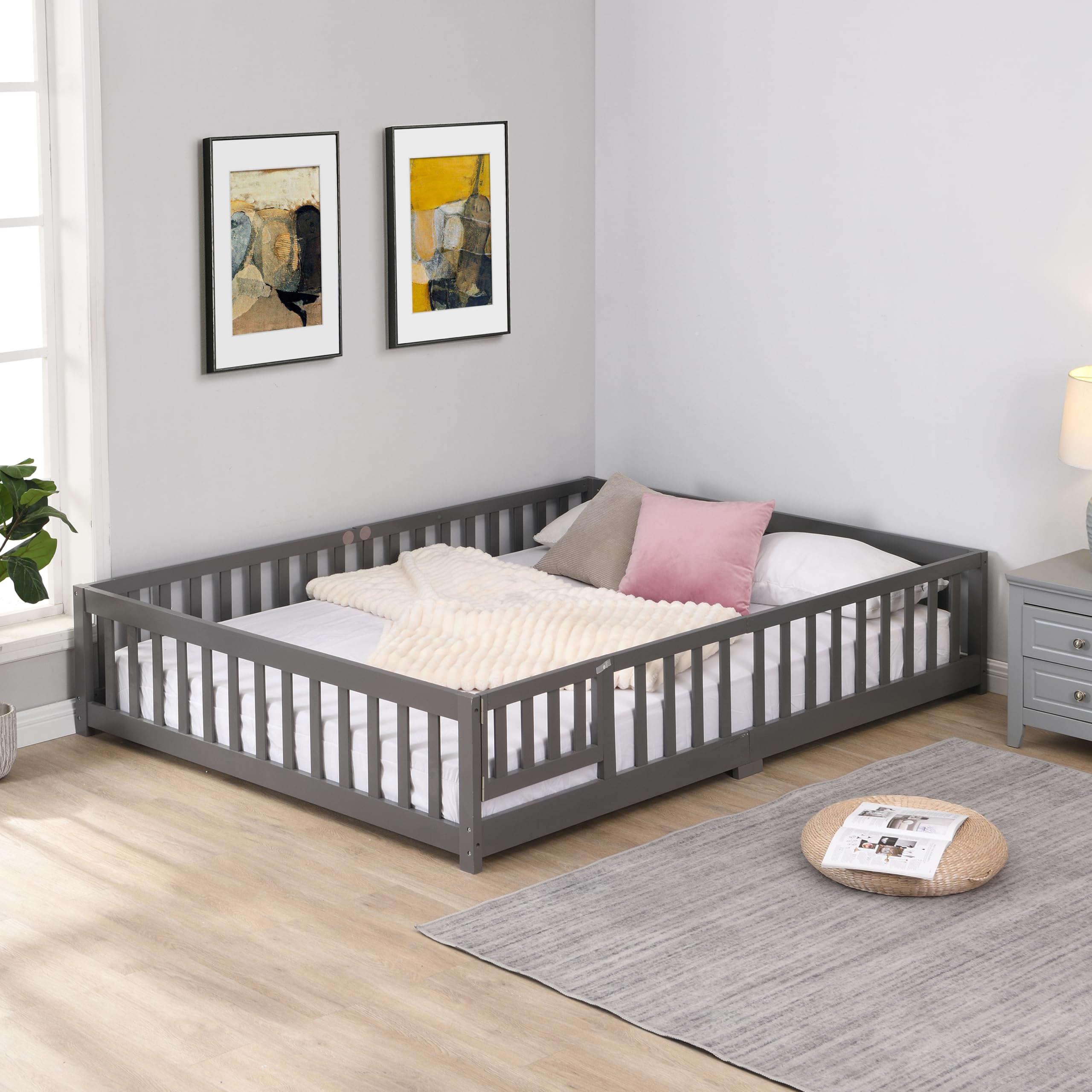 KEIKI Full Size Floor Bed with Fence,Solid Wood Platform Bed Frame, Montessori Floor Bed with Slats and Safety Guardrails
