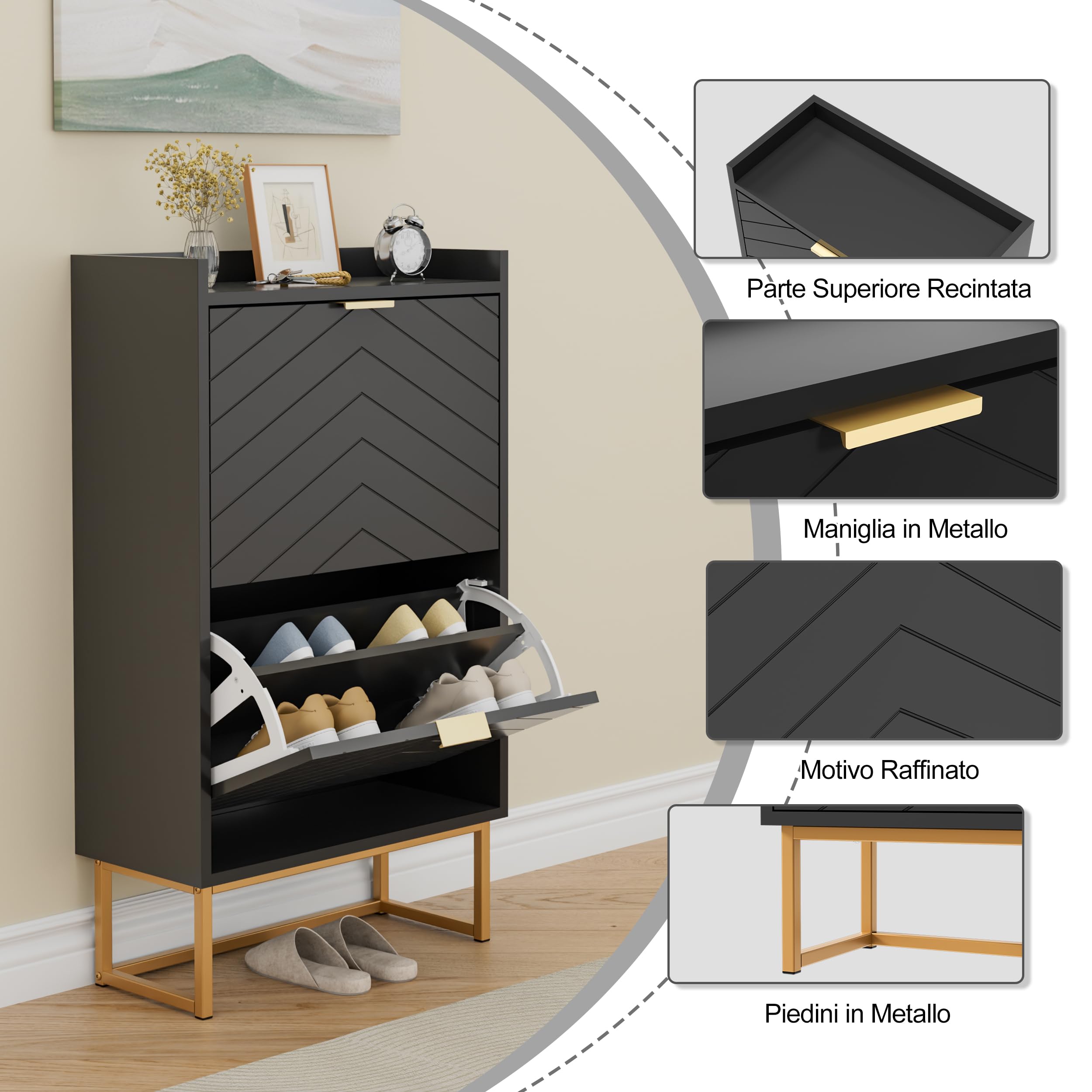 UEV Scarpiera, Scarpiera Basculante, con Soffitto con Recinzione, 2 Scomparti, Ripiano Rimovibile o Regolabile in 2 Posizioni, per Ingresso, Corridoio, 50x24x103,5 cm, Nero