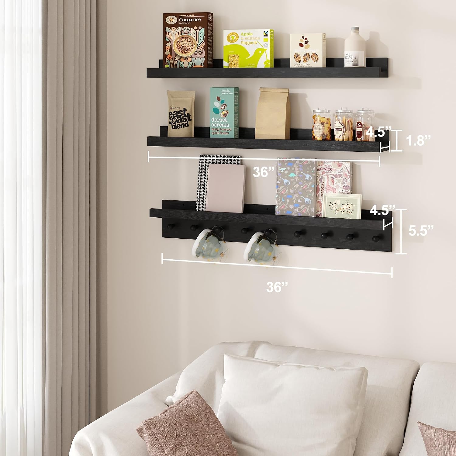 MBYD Black Nursery Book Shelves Floating Picture Ledge 36 Inch Set of 3 image 2