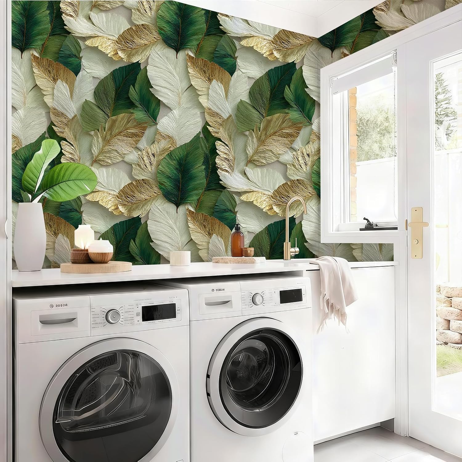 Luxury Modern Feather Wallpaper Self Adhesive Peel and Stick Exquisite White & Lustrous Gilded Feather Texture Wall Paper Removable Waterproof for Bedroom Renter Friendly 17.71"x236.2"