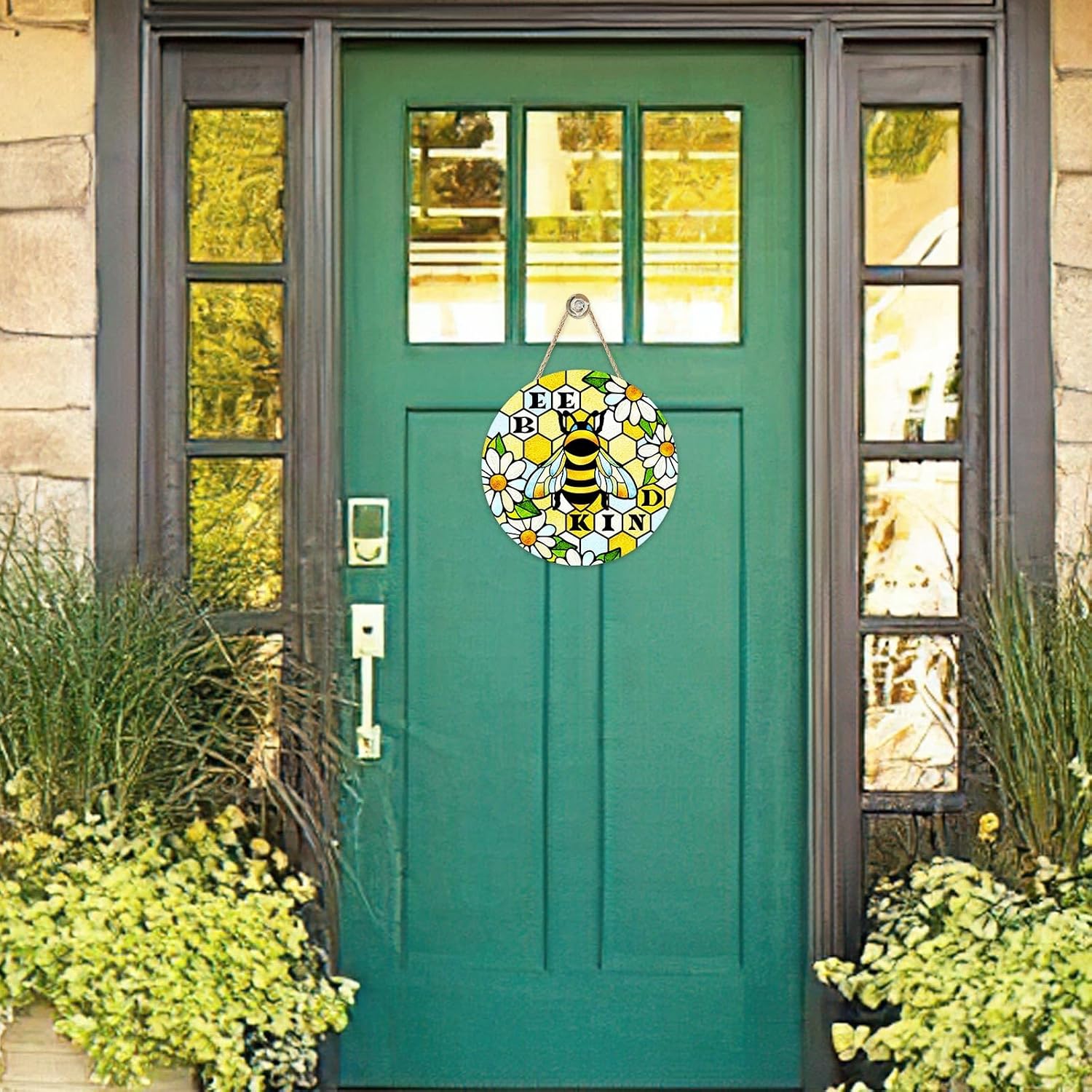 Welcome Spring Summer Bumble Bee Kind Front Door Sign, Honeybee Daisy Flower Wood Plaque Hanger Outdoor Outside Porch Home Decor, Floral Beehive Wooden Wreath Indoor Wall Hanging Decoration