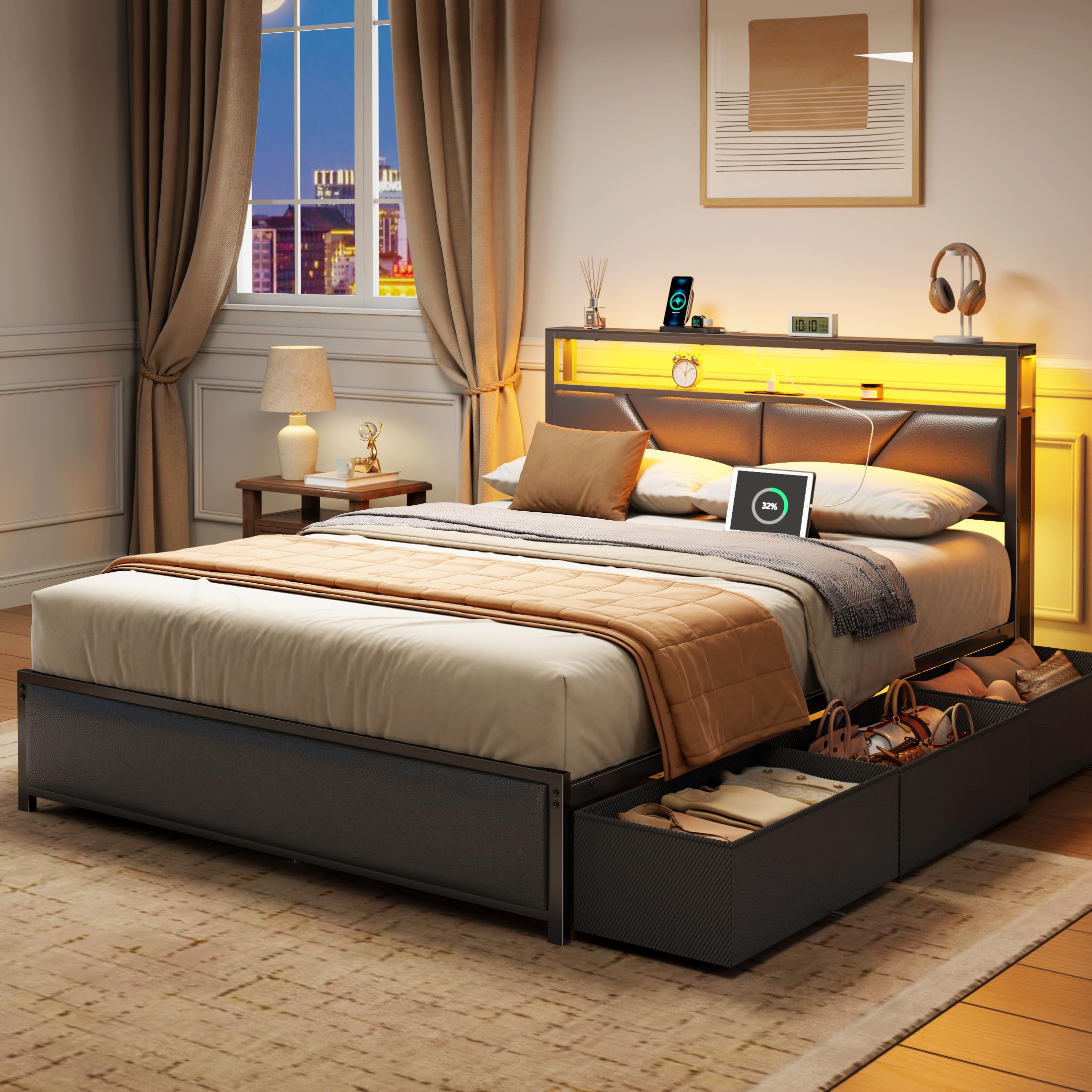 (incomplete only one box of 2 )one box for pickup )Forestell Queen Bed Frame with Storage Headboard and 6 Drawers, Metal Platform Bed Frame Queen Size with Charging Station and LED Lights, PU Leather Upholstered, No Box Spring Needed, Noise Free