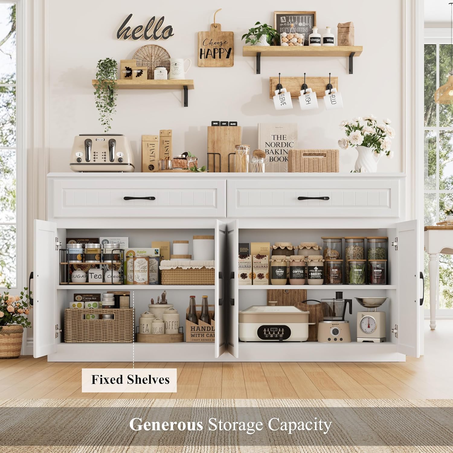 Open cabinet doors revealing fixed shelves with various stored items like cans, jars, and baskets.