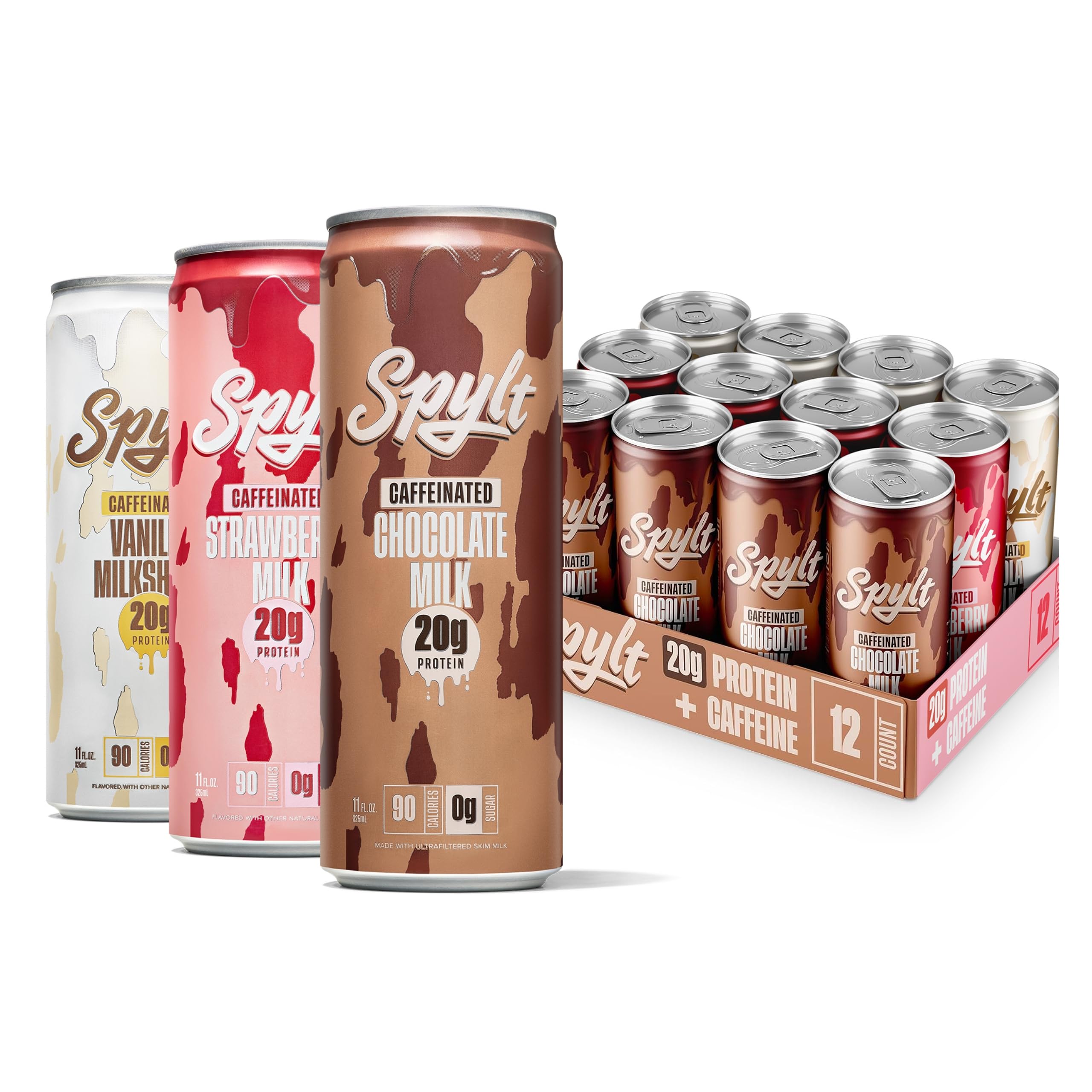 Spylt High Protein Milk - 3 Flavor Variety Pack with 60mg Caffeine & 20g Protein - 90 Calories, Ready to Drink, Sugar Free, Lactose Free Milk, Perfect for Workout Recovery & Afternoon Pick Me Up - 12 Count