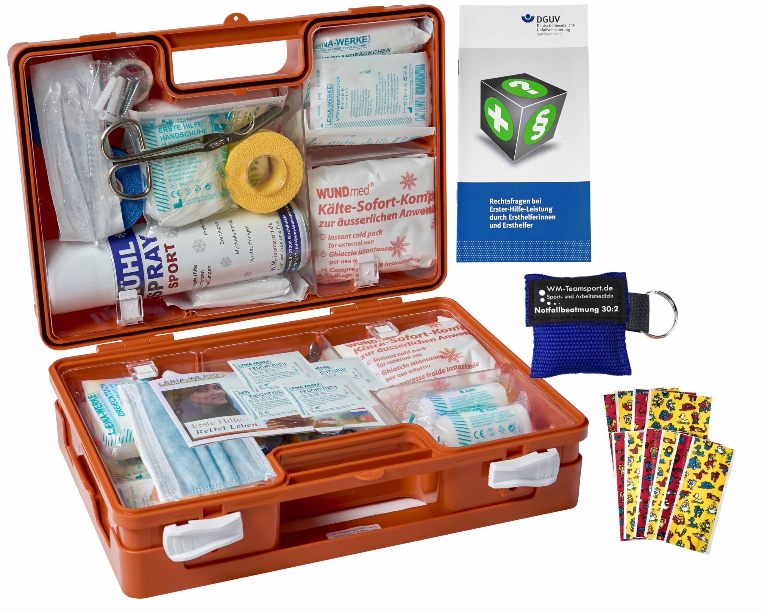 Sport-Sanitätskoffer PLUS 1 Erste-Hilfe Koffer nach aktueller DIN 13157 inkl. 13164 + Sport-Ausstattung mit Kälte-Behandlung + Sporttape Orange