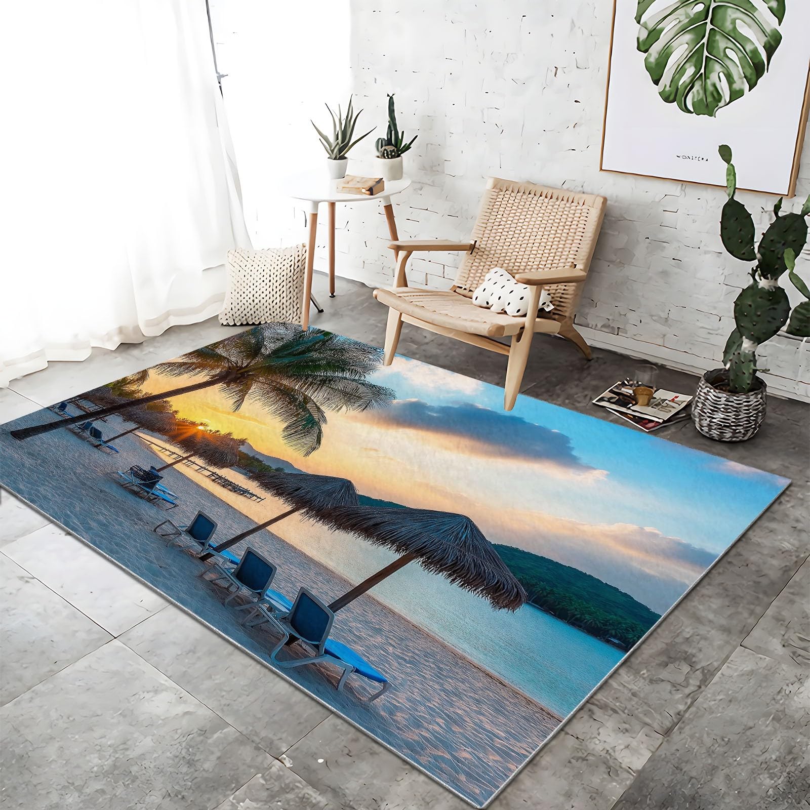 Tapis Chambre Lavable Antidérapant et Doux Motif Plage Tropicale