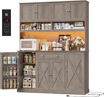 HIFIT 72.8 Tall Kitchen Pantry Cabinet with LED & Charging Station, 55 Wide Farmhouse Pantry Cabinet with Microwave Stand&Shelves&Swing-Out Door, Kitchen Hutch Coffee Bar for Living Room, Grey