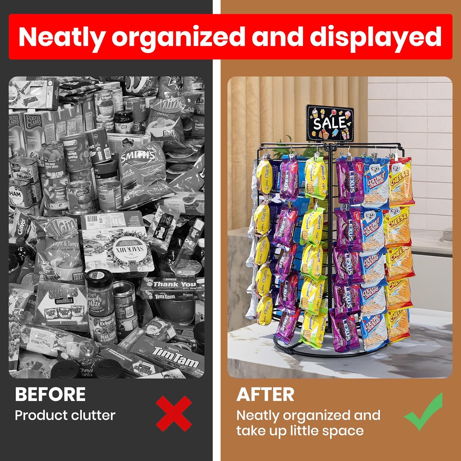Chip Rack Display Stand, 5 Tiers 60 Clips Snack Retail Display Rack, 360° Rotation Snack Bar Station for Concession Stand, Snack Organizer, Candy Display, Chip Holder for Party, Countertop