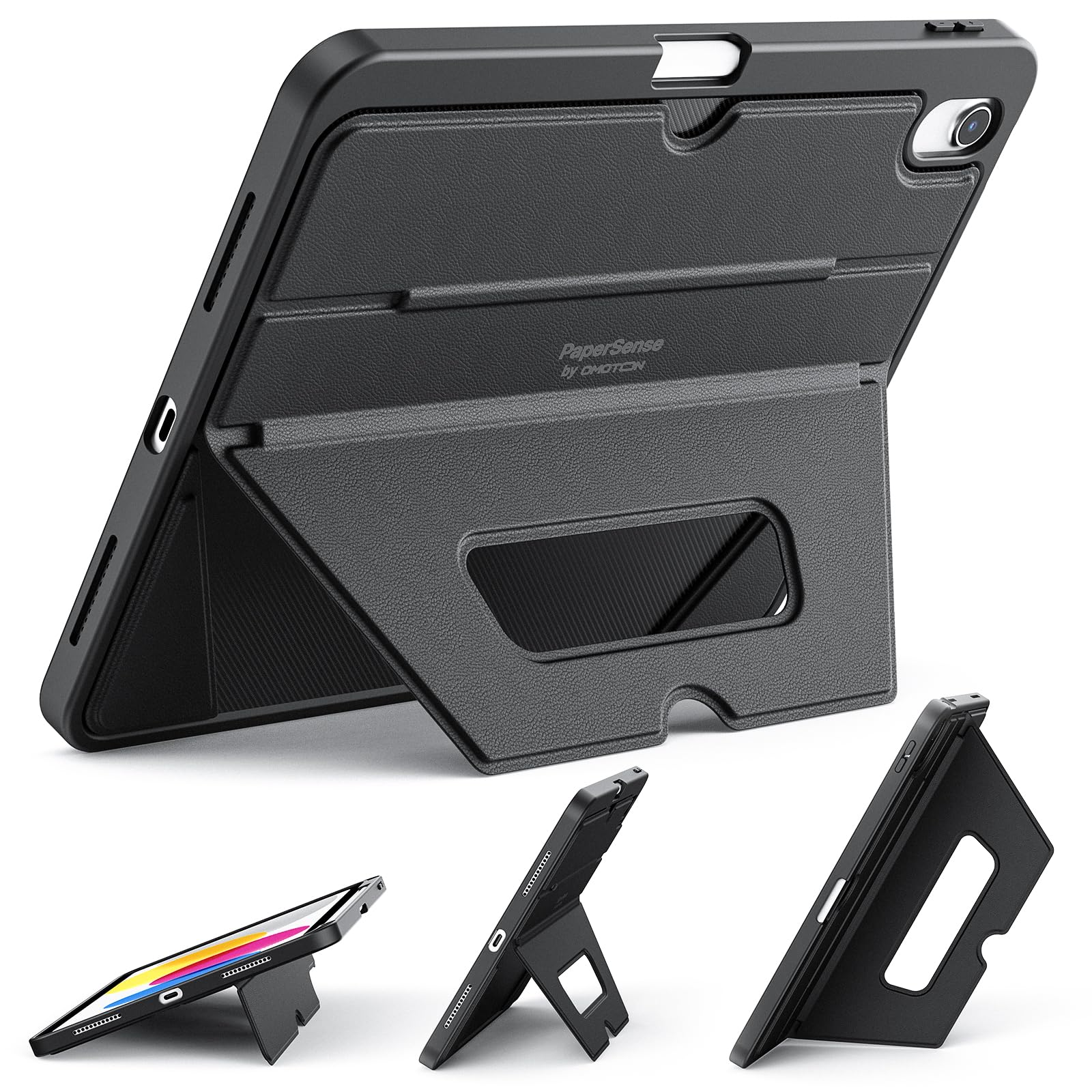 OMOTON Case for iPad A16 11th 10th Generation 11 Inch 10.9 inch | Soft TPU Protective Cover with Mutiple Angle Adjustible Kickstand and Pencil Hoder, Black