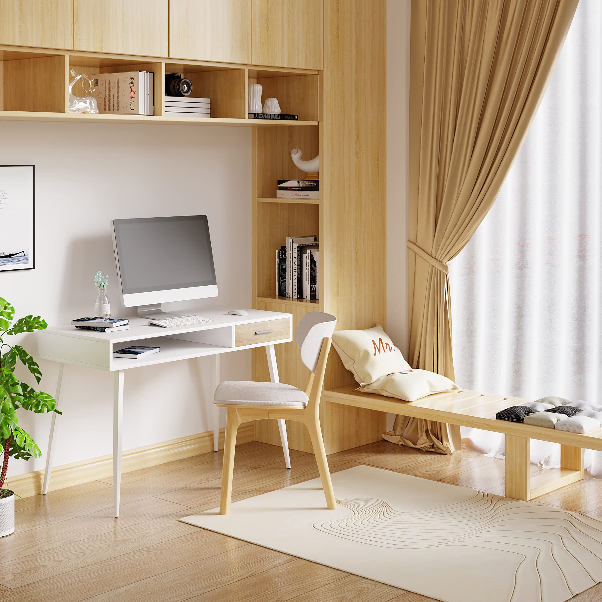 WOLTU Schreibtisch mit Schublade & Ablagefach - Weiß Computertisch für Homeoffice/Studium/Schlafzimmer - 110x50x75 cm - Holzplatte & Stahlgestell