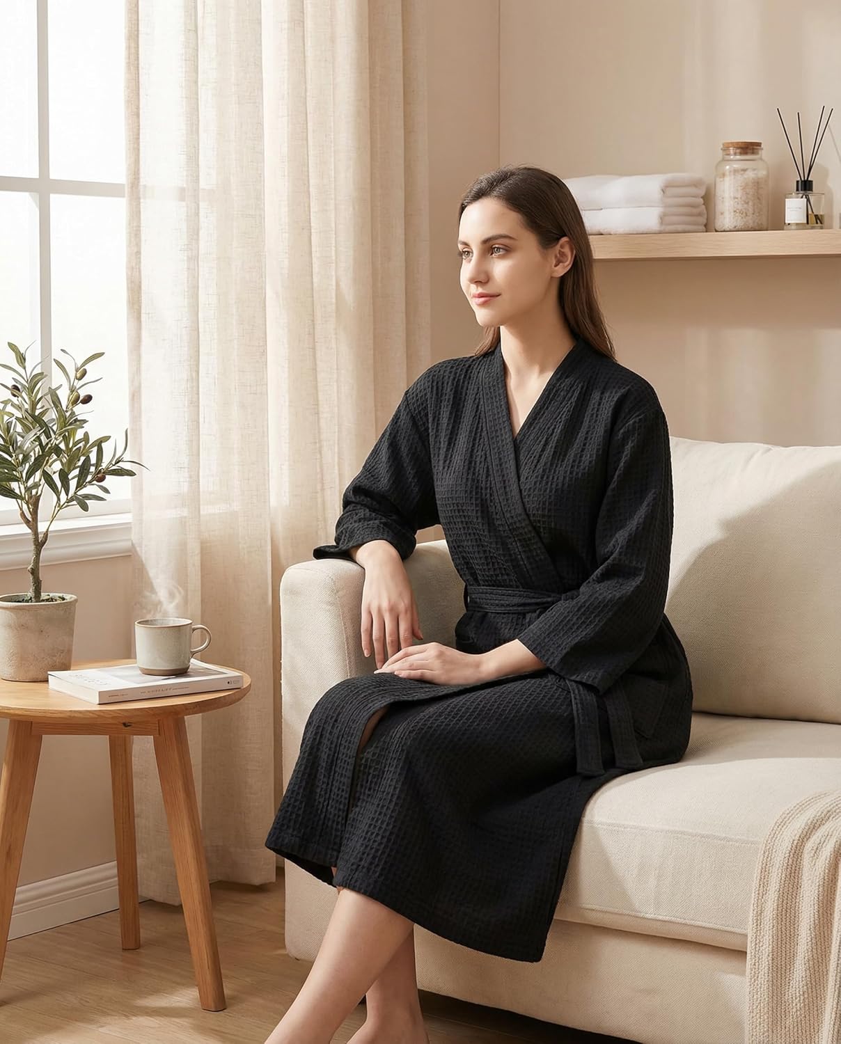 Jecery Waffle Bathrobe and Slippers Bulk Set Spa Robes Hotel Bath Lightweight Thin Commercial Soft for House Shower Party