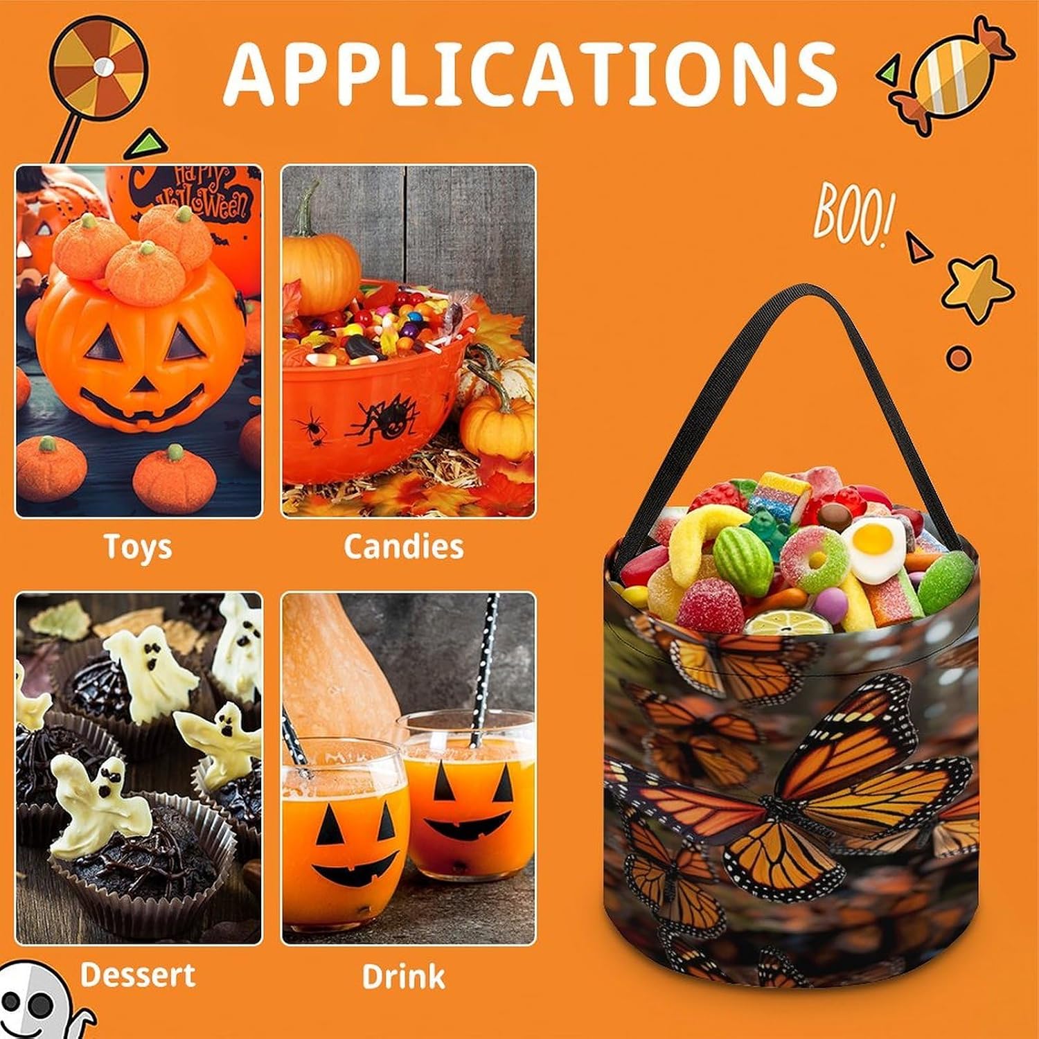 LZQPOEAS Monarch Butterflies Halloween Trick Or Treat Bucket image 3