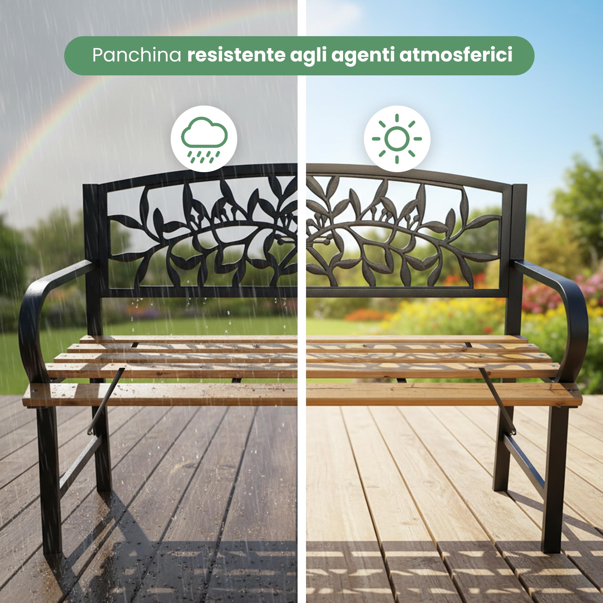 AKORD Panchina da Giardino REO con Gambe in Ghisa e Legno Verniciato | Panca da Esterno | Panchine Esterna con Bracciolo | Panche Moderno Resistente alle Intemperie | Larghezza 118 cm | Nero