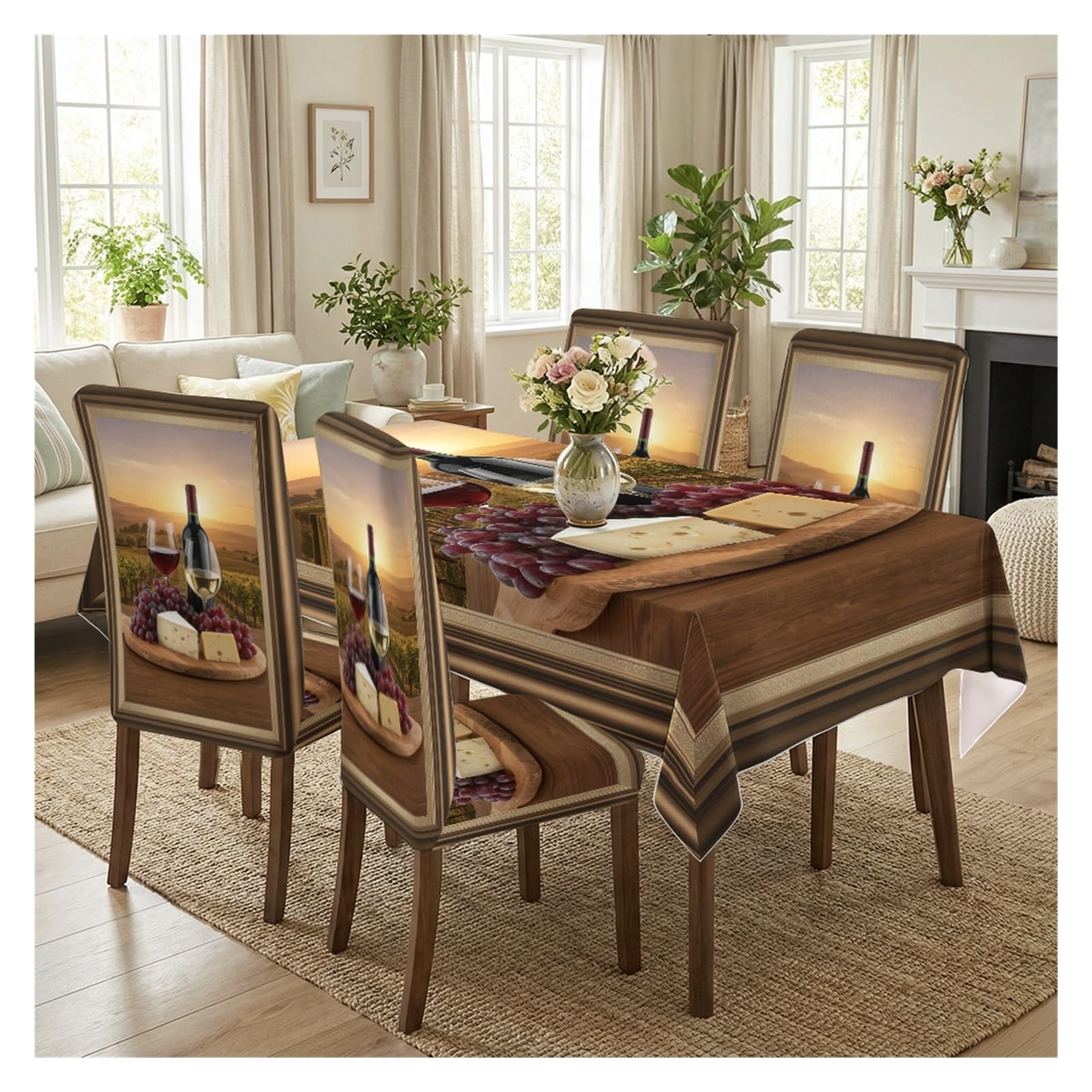 BOSUYBN Stretch Dining Chair Slipcover & Tablecloth Set, Wine Grape Vineyard Print, 5/7 Pack, Kitchen Wine Cellar Farmhouse Decor Table Setting(5pcs Set: Tablecloth+Chair Covers)