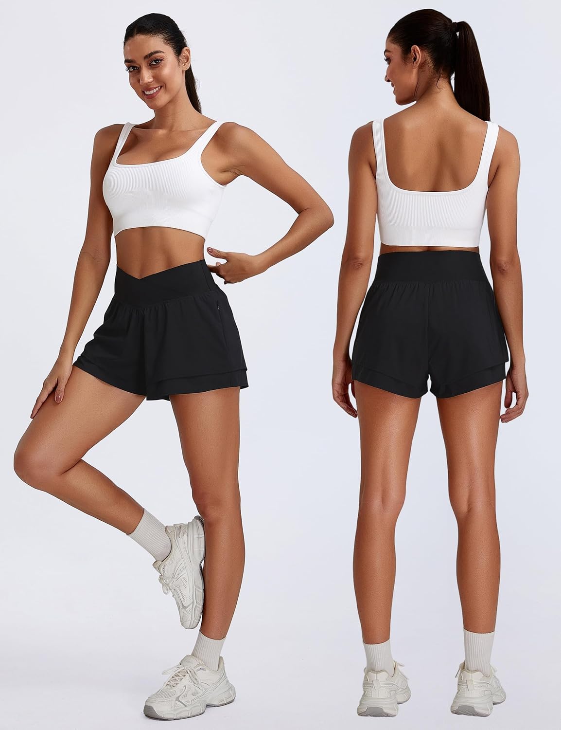 BMJL Womens Athletic Running Shorts High Waisted Crossover Workout Short with Pocket 3" - Image 2