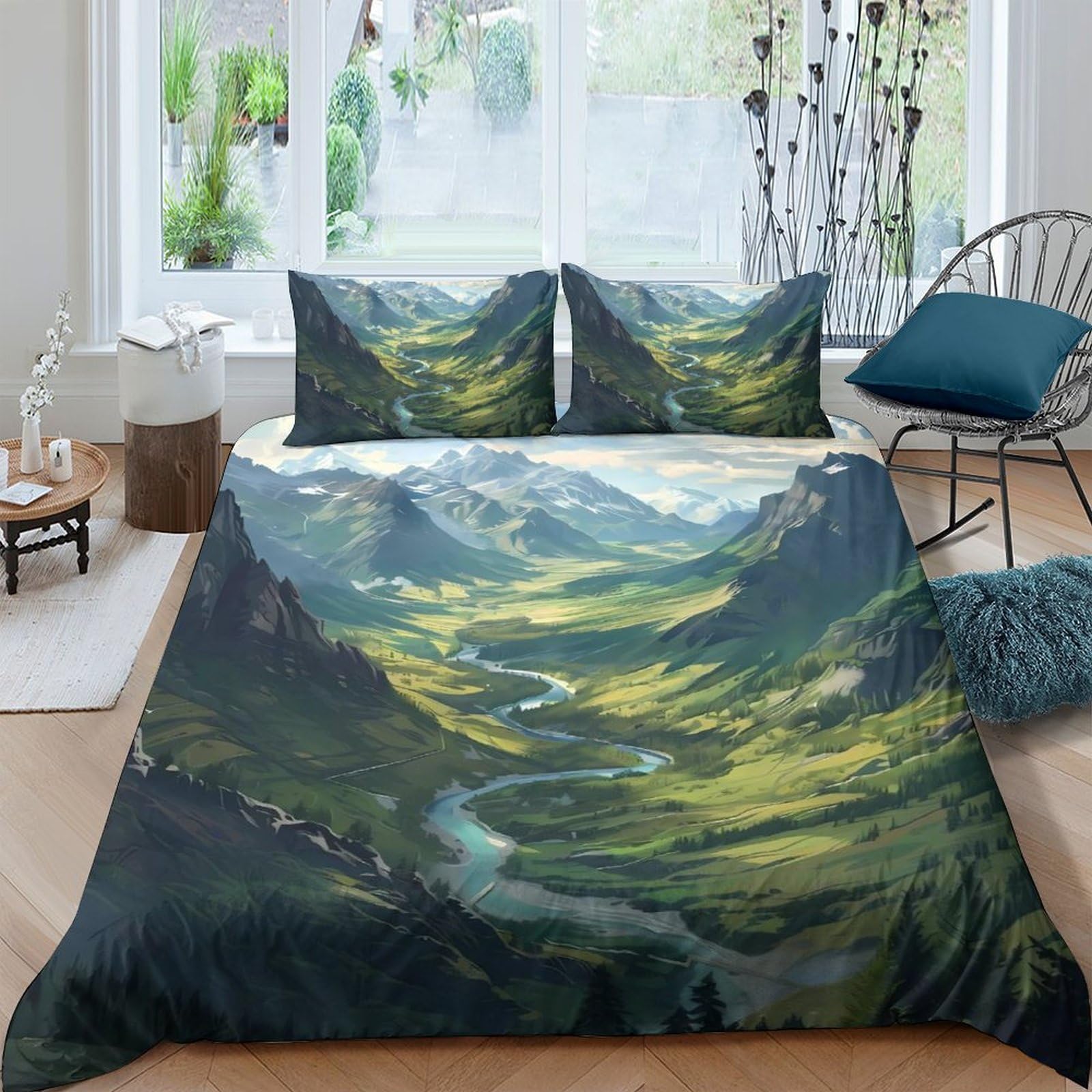 Ctjqhvkz Style-7 3D Printed Mountain Valley Fitted Sheet Microfiber Soft River Landscape Bed Cover For Bedroom Guest Room Decor Single（135X200cm）