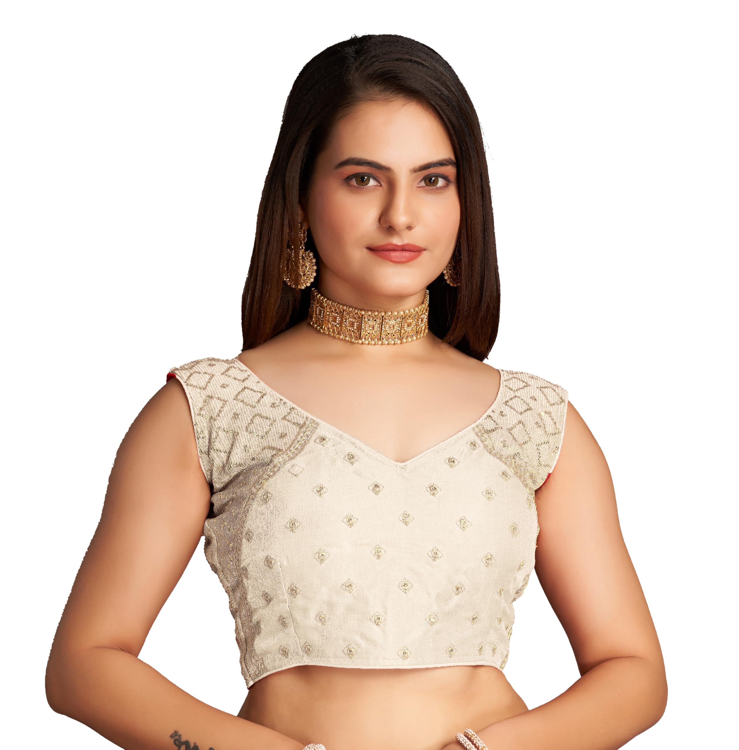 Pujia Mills Women's Sequin Embroidered V Neck Sleeveless White Readymade Saree Blouse Indian Ethnic Stitched Padded Blouses For Women