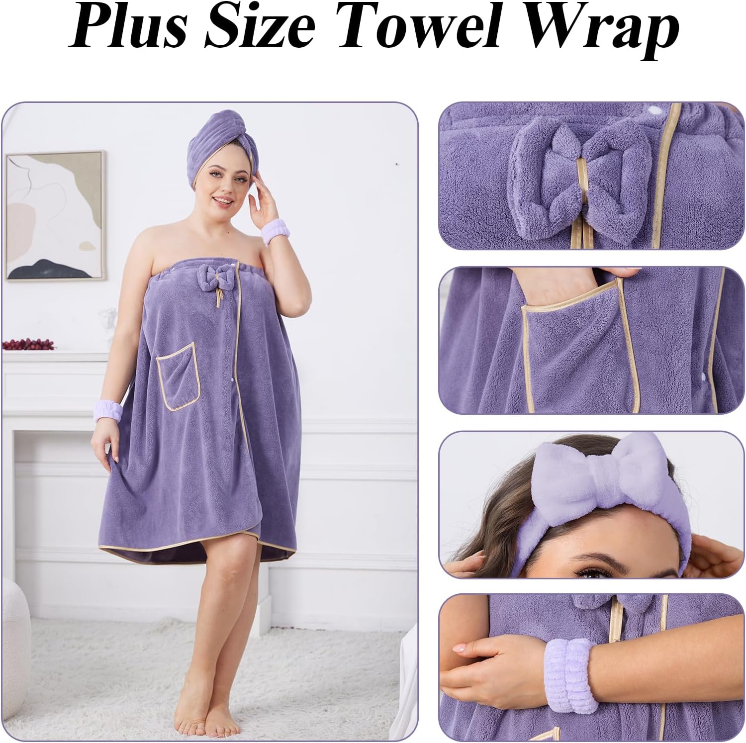 Plus Size Women's Towel Wrap, Plus Size of 80CM X 210CM, Purple of Adjustable Body Wrap Towels and Hair Drying Towels for Women, Quick-Dry Coral Fleece, Suitable for Spa, Shower, Bath, and Gym.